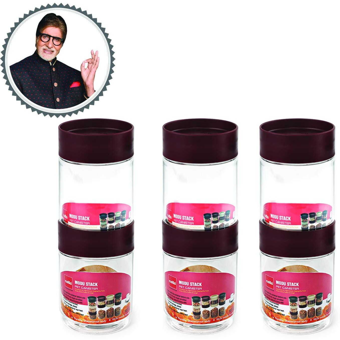 CELLO Modustack Stackable Container Set | PET Plastic Jar with Air Tight Lid | For Storage of Food, Pulses, Spice, Cereals, Cookies, Dry Food | 750ml | Set of 6, Maroon