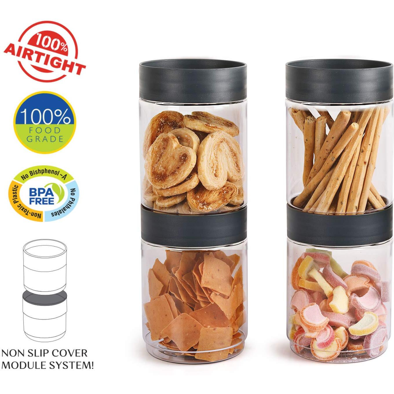 CELLO Modustack Stackable Container Set | PET Plastic Jar with Air Tight Lid | For Storage of Food, Pulses, Spice, Cereals, Cookies, Dry Food | 1500ml | Set of 4, Grey