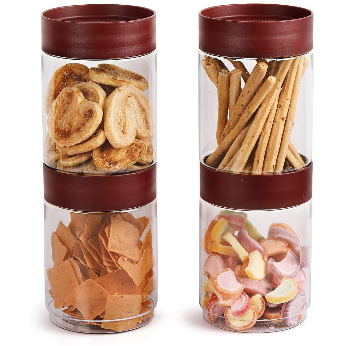 CELLO Modustack Stackable Container Set | PET Plastic Jar with Air Tight Lid | For Storage of Food, Pulses, Spice, Cereals, Cookies, Dry Food | 1500ml | Set of 4, Maroon