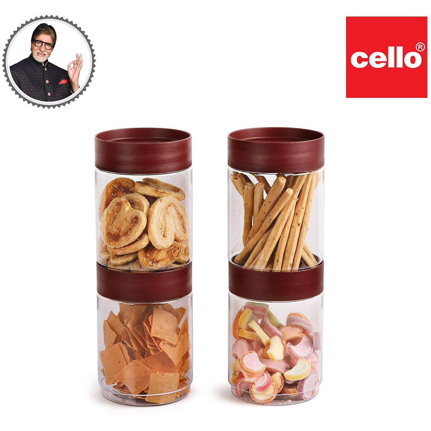 CELLO Modustack Stackable Container Set | PET Plastic Jar with Air Tight Lid | For Storage of Food, Pulses, Spice, Cereals, Cookies, Dry Food | 1500ml | Set of 4, Maroon