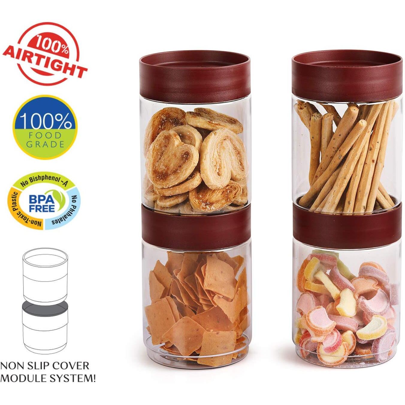 CELLO Modustack Stackable Container Set | PET Plastic Jar with Air Tight Lid | For Storage of Food, Pulses, Spice, Cereals, Cookies, Dry Food | 1500ml | Set of 4, Maroon