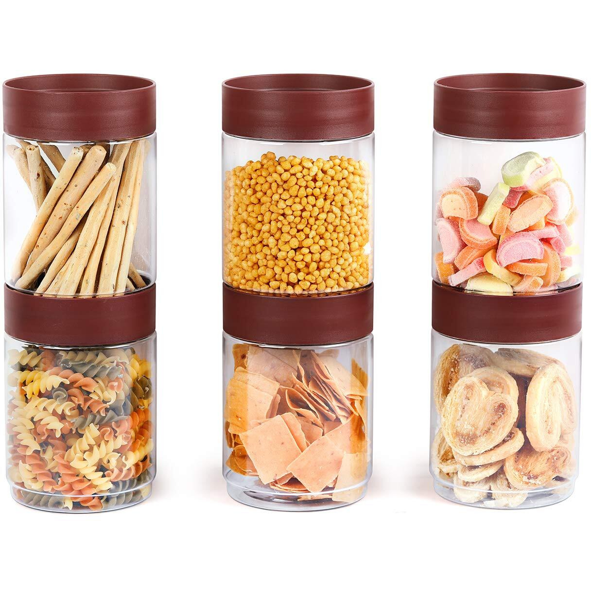 CELLO Modustack Stackable Container Set | PET Plastic Jar with Air Tight Lid | For Storage of Food, Pulses, Spice, Cereals, Cookies, Dry Food | 1500ml | Set of 6, Maroon