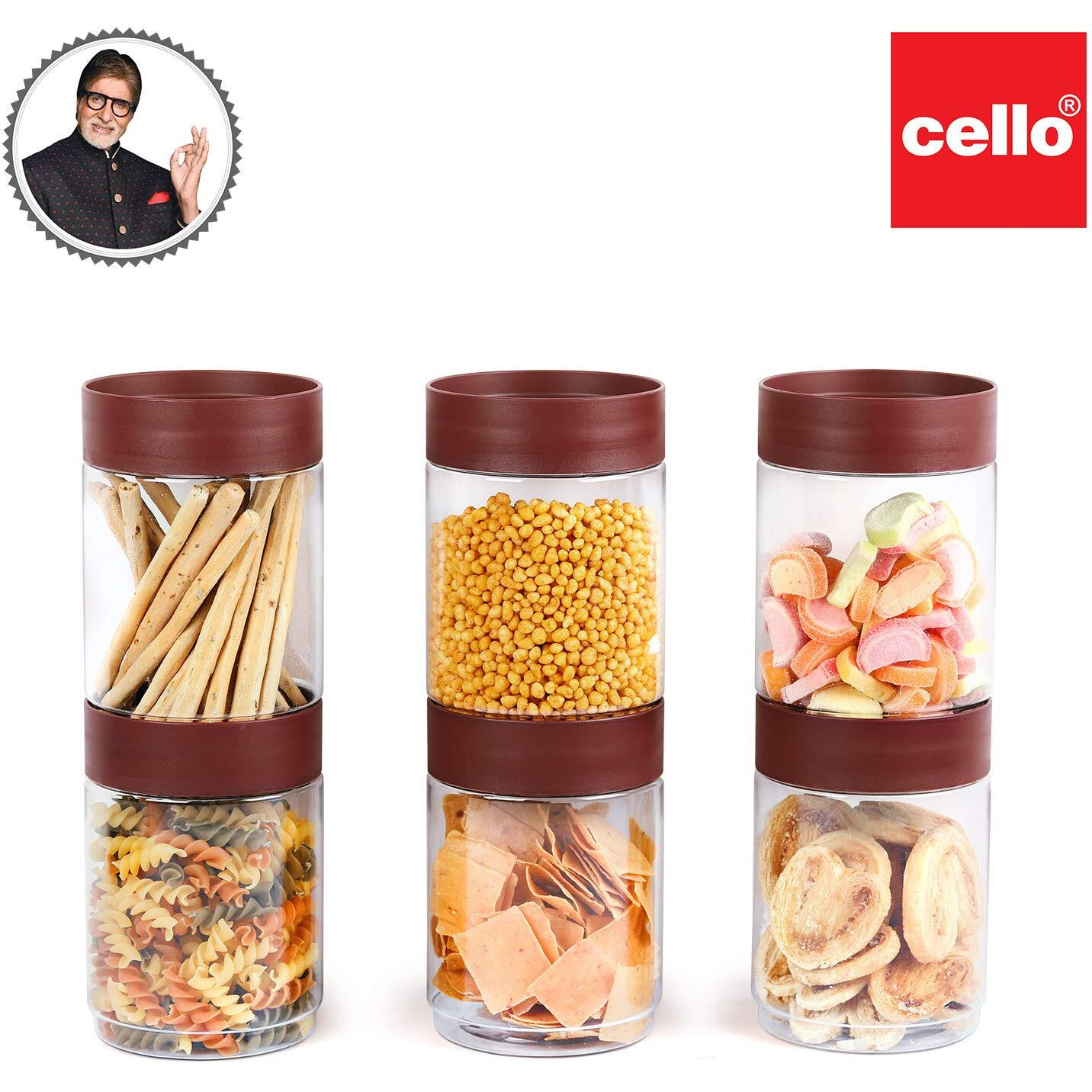 CELLO Modustack Stackable Container Set | PET Plastic Jar with Air Tight Lid | For Storage of Food, Pulses, Spice, Cereals, Cookies, Dry Food | 1500ml | Set of 6, Maroon