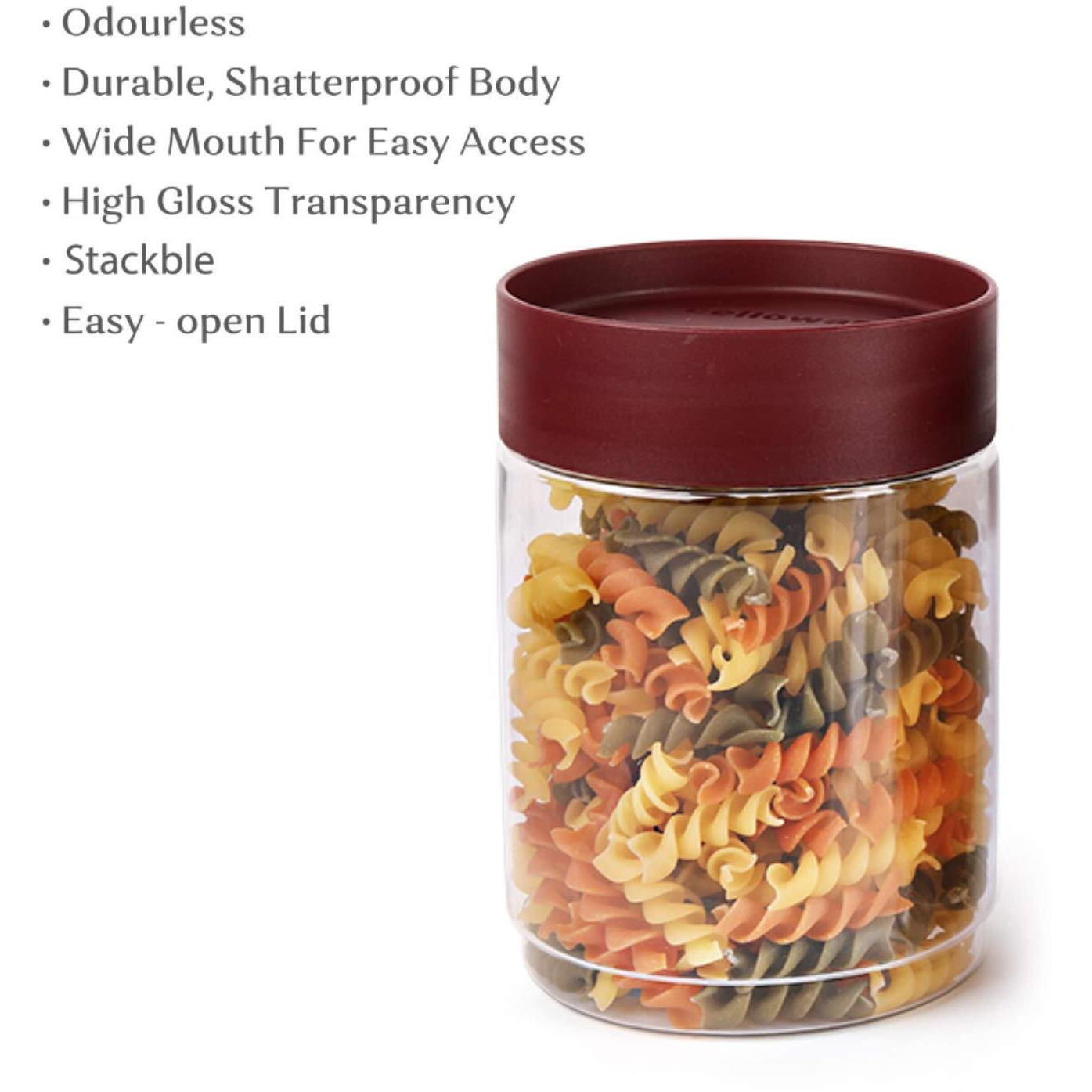 CELLO Modustack Stackable Container Set | PET Plastic Jar with Air Tight Lid | For Storage of Food, Pulses, Spice, Cereals, Cookies, Dry Food | 1500ml | Set of 6, Maroon