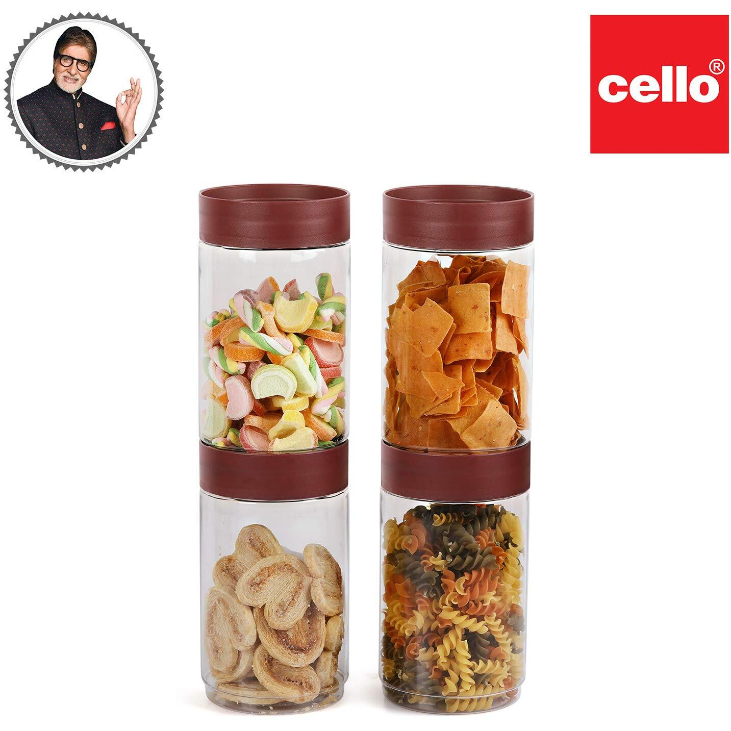 CELLO Modustack Stackable Container Set | PET Plastic Jar with Air Tight Lid | For Storage of Food, Pulses, Spice, Cereals, Cookies, Dry Food | 2000ml | Set of 4, Maroon