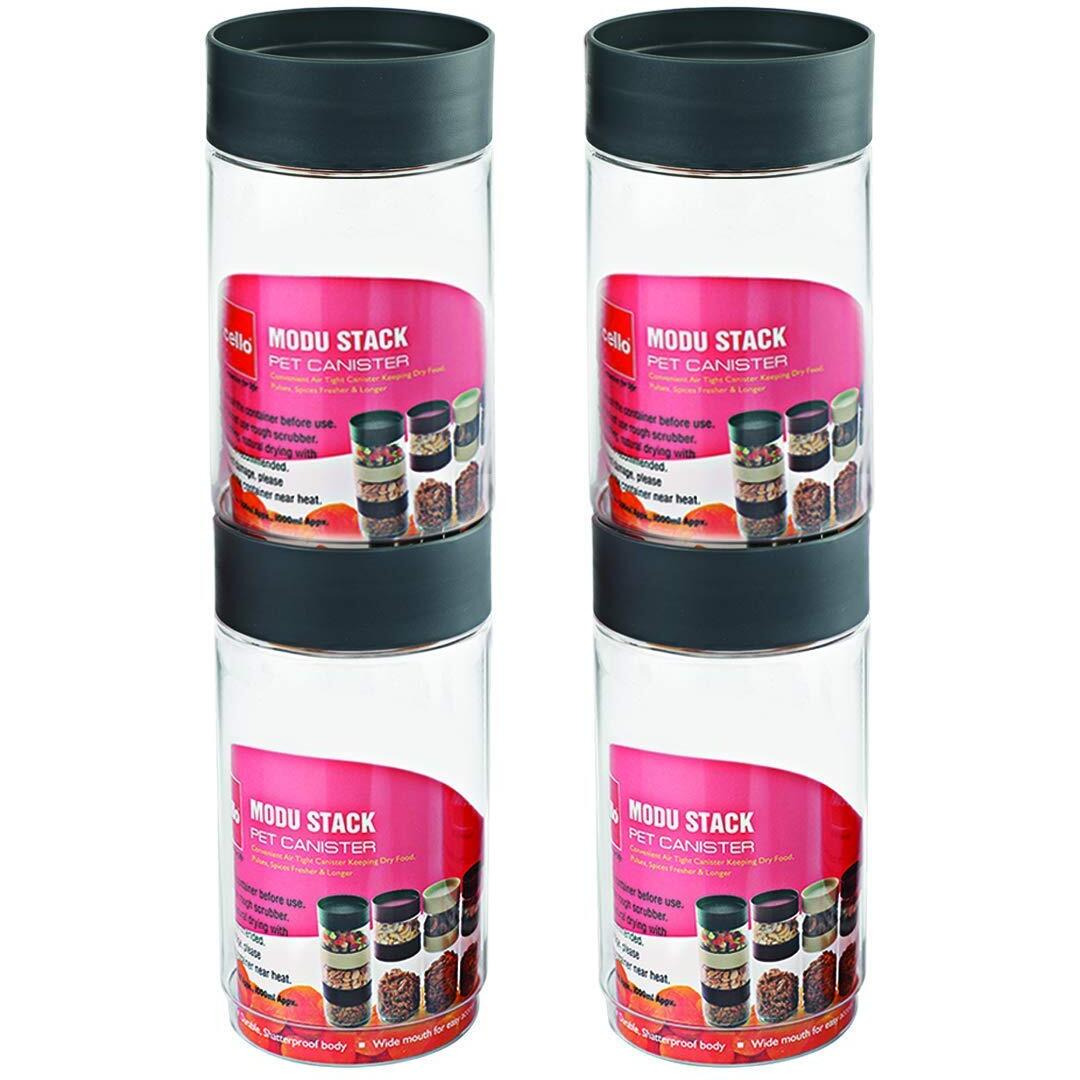 CELLO Modustack Stackable Container Set | PET Plastic Jar with Air Tight Lid | For Storage of Food, Pulses, Spice, Cereals, Cookies, Dry Food | 1000ml | Set of 4, Grey