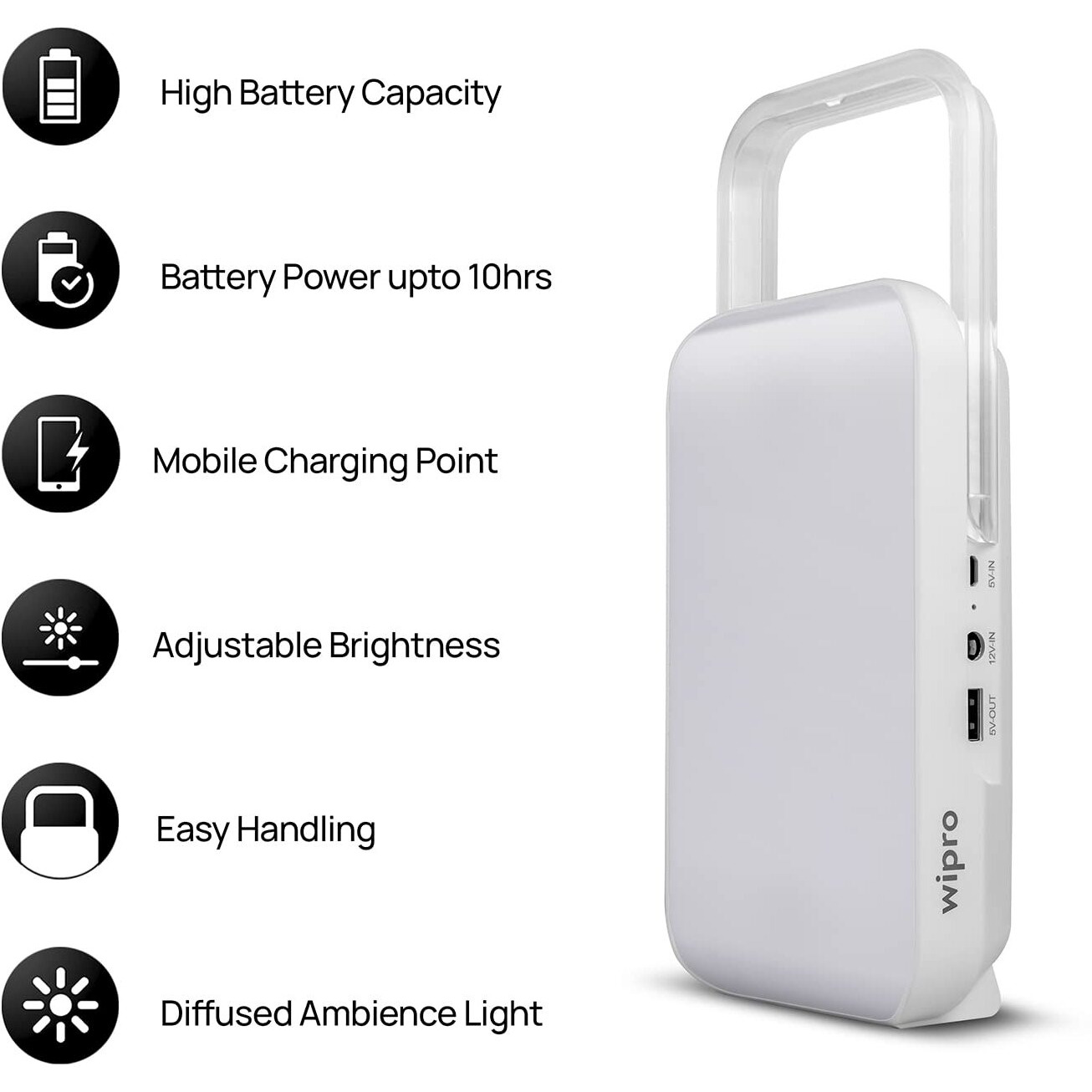 wipro Safari Emergency Rechargeable Led Lantern with 7200 Mah Battery | 122 Individual Led Lights | Brightness Control Feature | in- Built Mobile Charging Point|15 Watt (Pack of 1) White