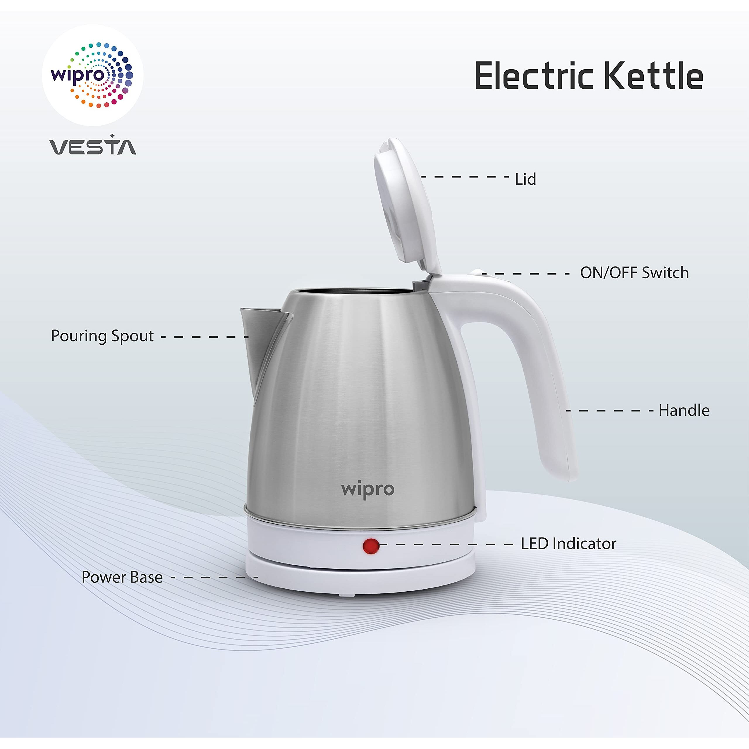 Wipro Vesta Electric Kettle Stainless Steel|1500W|Auto Shut-Off|Boil Dry Protection|360 Rotating Base|Single Touch Lid Locking|Power Plug, White, Standard (Va011150) - 1500 Watts, 1.5 Litres