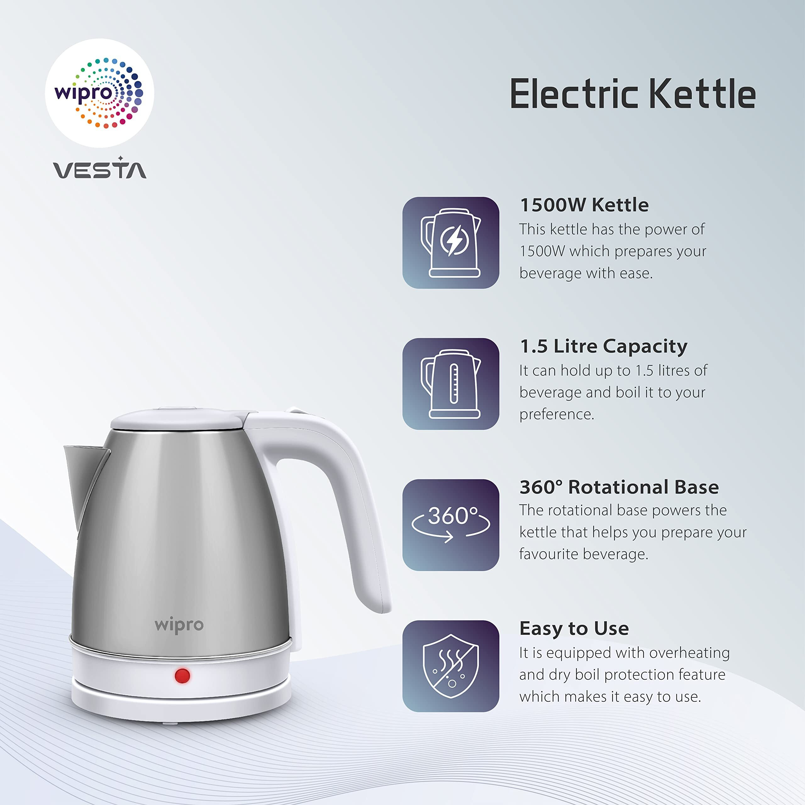 Wipro Vesta Electric Kettle Stainless Steel|1500W|Auto Shut-Off|Boil Dry Protection|360 Rotating Base|Single Touch Lid Locking|Power Plug, White, Standard (Va011150) - 1500 Watts, 1.5 Litres