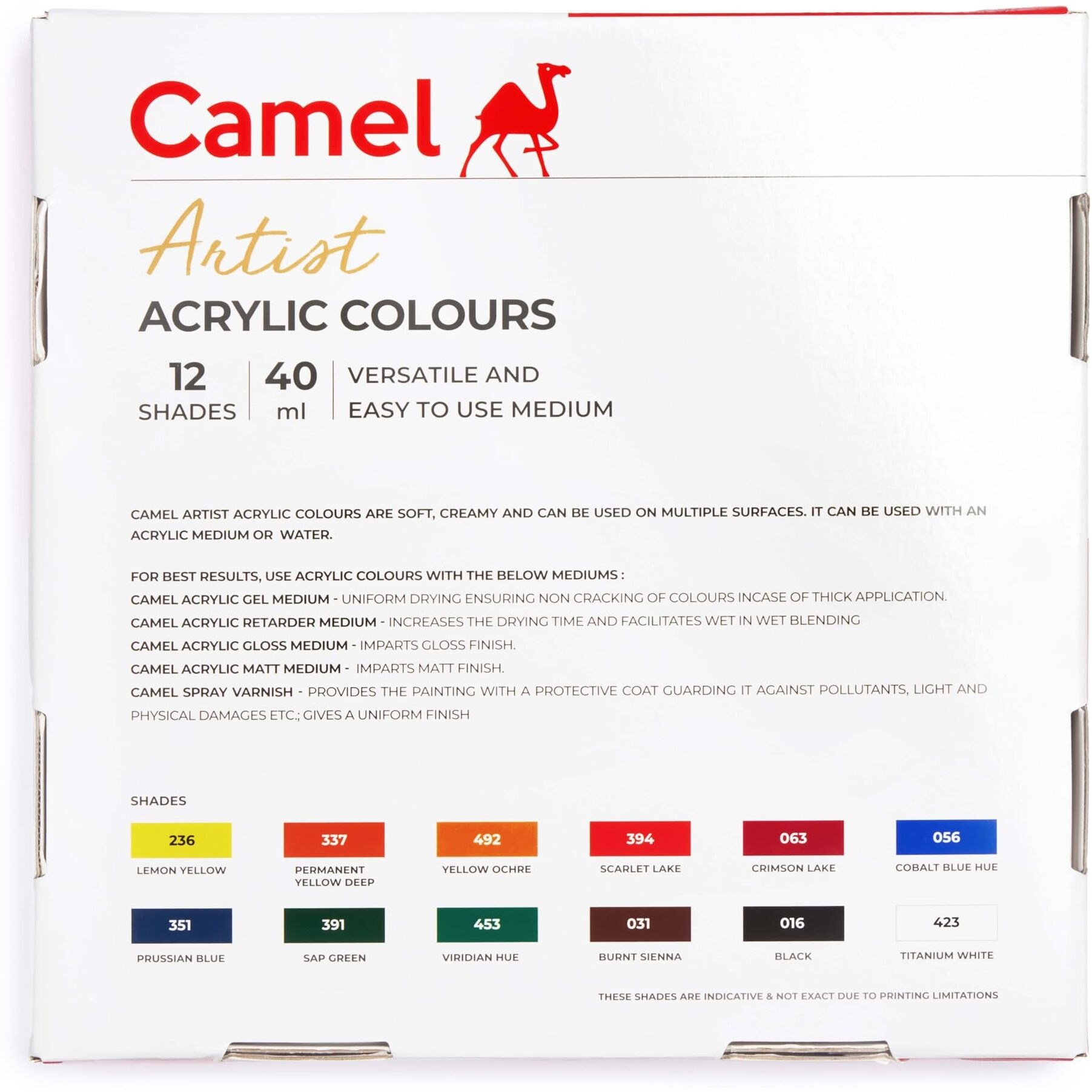 Camel Artist 40ml Acrylic Color Shade - 12 Shades (Multicolor)