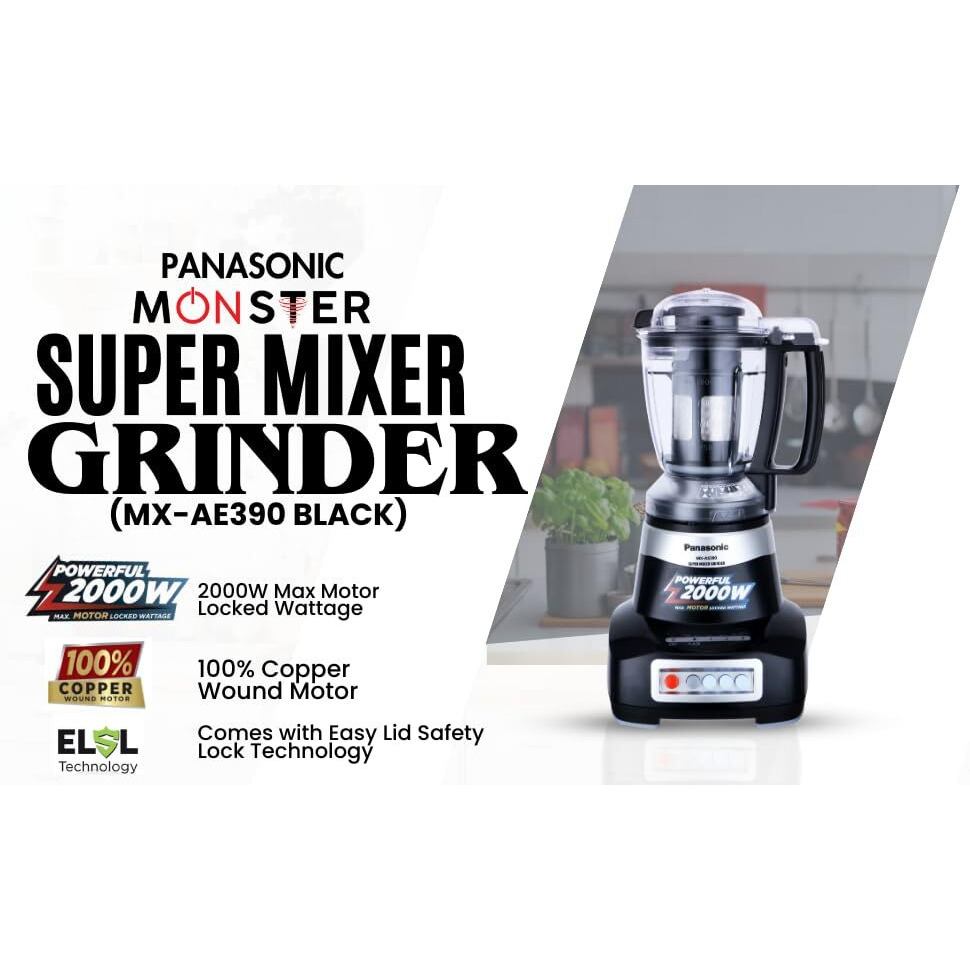 Panasonic MX-AE390 (Black) | Monster 750 Watts Super Mixer Grinder | With 3 Jar (Two 304-SS Stainless Steel & 1 Juicer Extractor Jar) |Warranty 2 Years Product & 5 Years On Motor