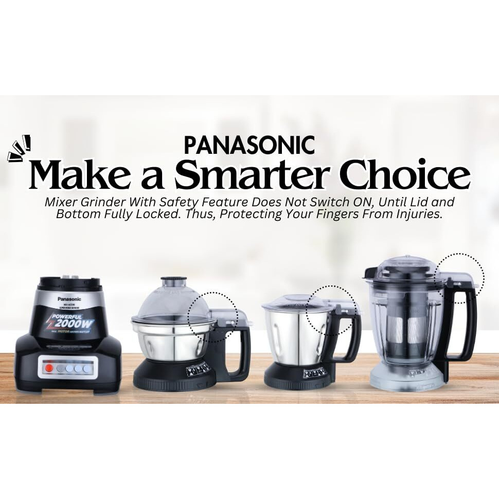 Panasonic MX-AE390 (Black) | Monster 750 Watts Super Mixer Grinder | With 3 Jar (Two 304-SS Stainless Steel & 1 Juicer Extractor Jar) |Warranty 2 Years Product & 5 Years On Motor