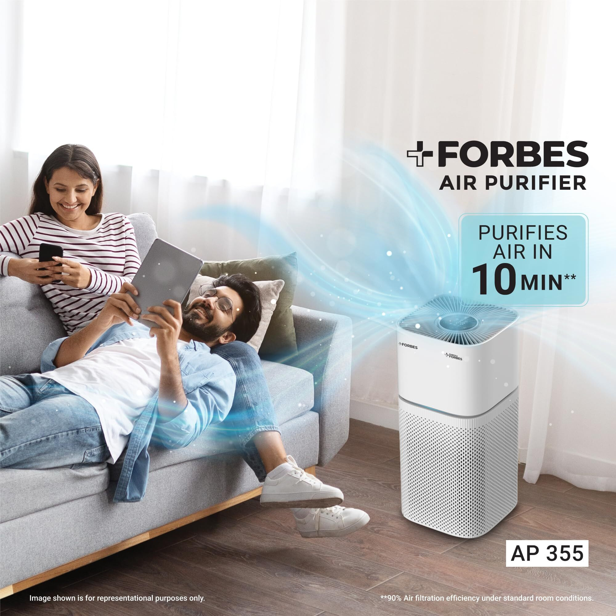 Eureka Forbes Air Purifier 355 With True Hepa H13 Filter & Surround 360 Air Technology|Removes 99.97% Dust & Particulate Matter|4-Stage Purification In 10 Mins|Covers 480 Sq. Ft.|Convenient,White