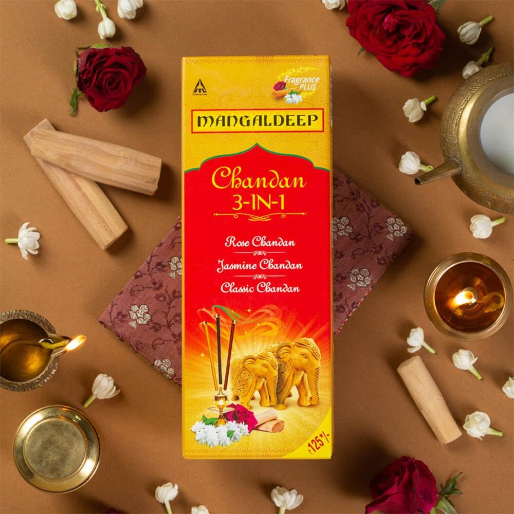 Mangaldeep Chandan 3in1 Agarbatti - Experience The Soothing fragrances of Classic Chandan, Rose Chandan & Jasmine Chandan, 226g