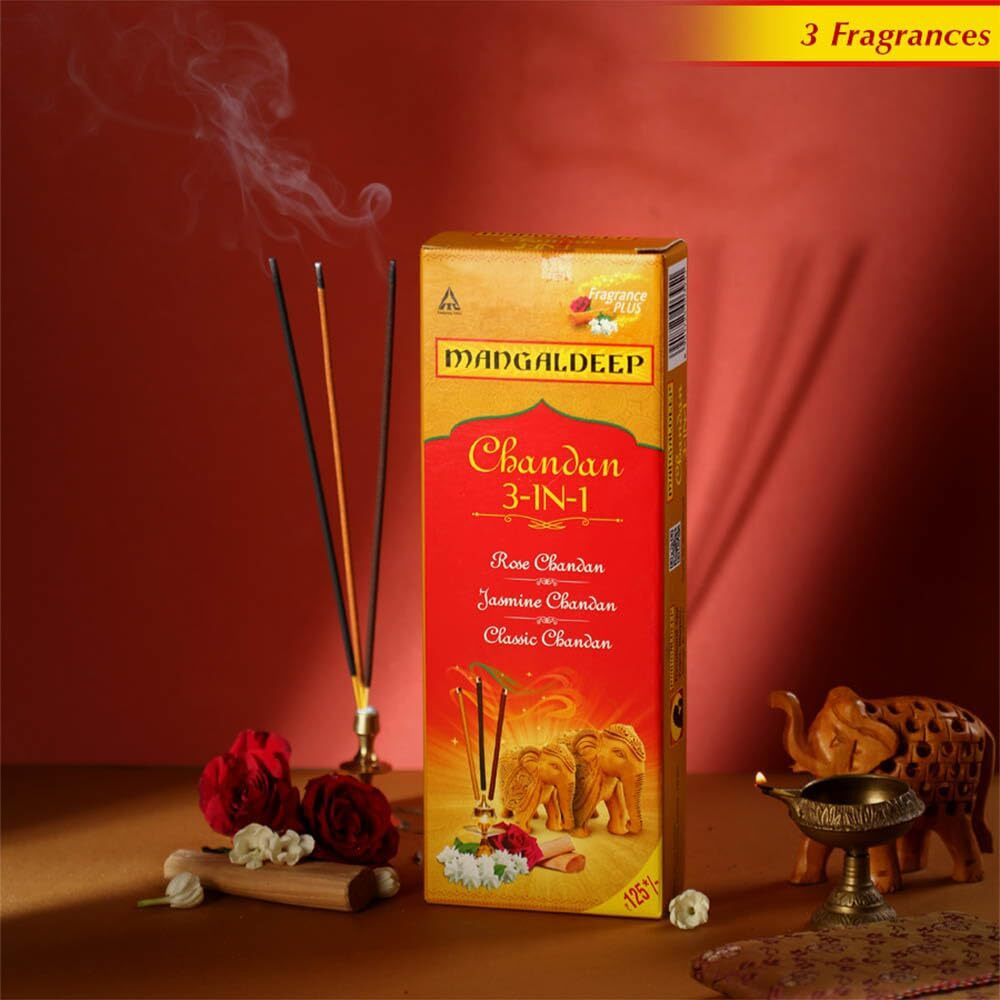 Mangaldeep Chandan 3in1 Agarbatti - Experience The Soothing fragrances of Classic Chandan, Rose Chandan & Jasmine Chandan, 226g