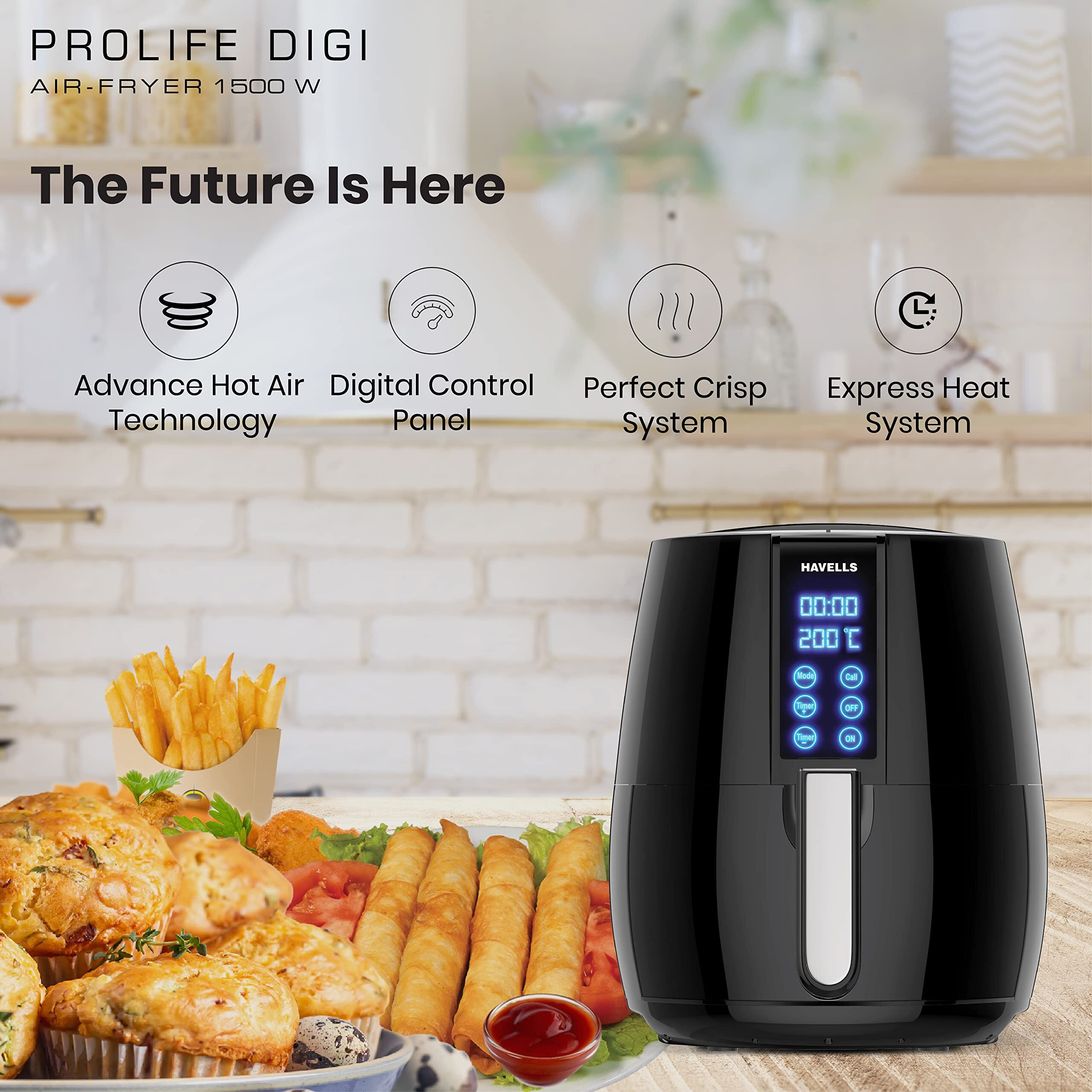 Havells Prolife Digi 1230-Watts Air Fryer (Black), 4 Liters