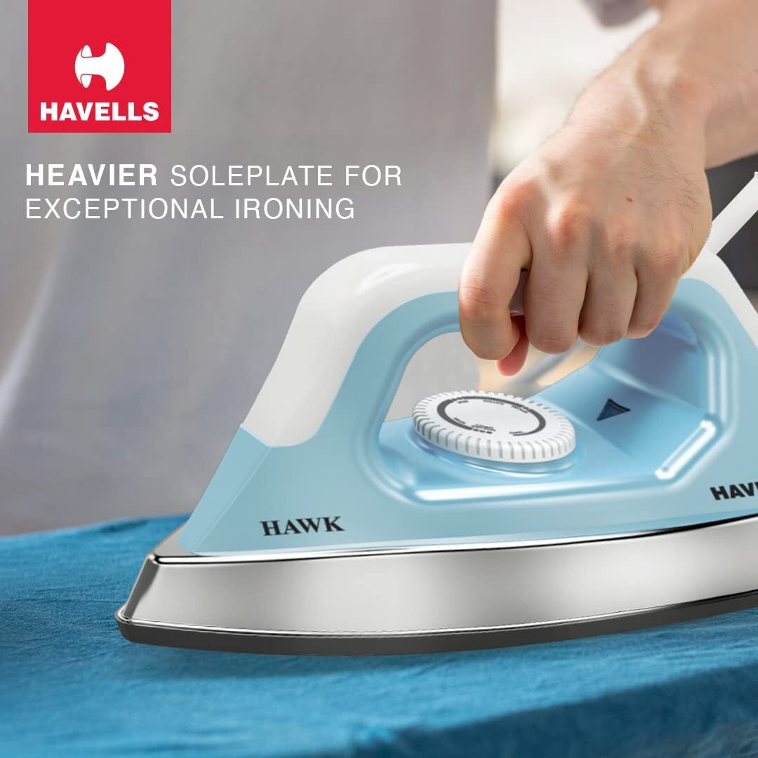 Havells ABS Hawk 1100 Watt Heavy Weight Dry Iron With American Heritage Non Stick Sole Plate, Aerodynamic Design, Easy Grip Temperature Knob & 2 Years Warranty. (Blue & White), 1100 Watts