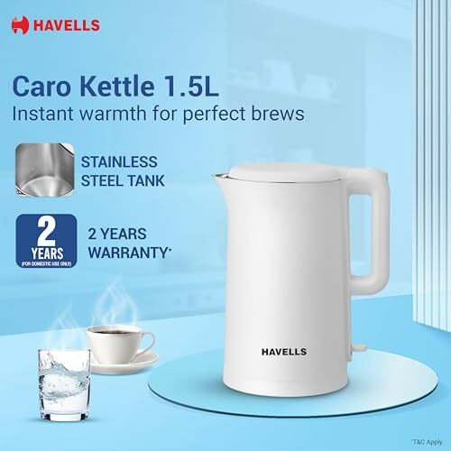 Havells Caro 1.5 litre Double Wall, 304 Stainless Steel Inner Body, Cool Touch Outer body, Wider Mouth, 2 Yr Manufacturer Warranty (White, 1250 Watt)