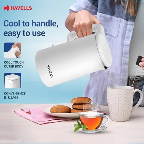 Havells Caro 1.5 litre Double Wall, 304 Stainless Steel Inner Body, Cool Touch Outer body, Wider Mouth, 2 Yr Manufacturer Warranty (White, 1250 Watt)