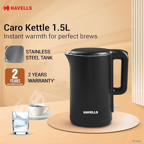 Havells Caro 1.5 litre Double Wall, 304 Stainless Steel Inner Body, Cool Touch Outer body, Wider Mouth, 2 Yr Manufacturer Warranty (Black, 1250 Watt)