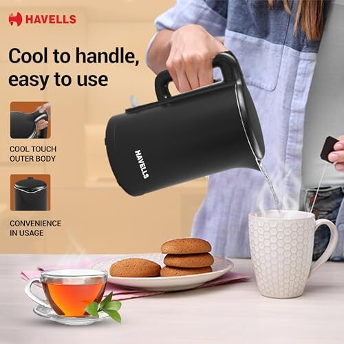 Havells Caro 1.5 litre Double Wall, 304 Stainless Steel Inner Body, Cool Touch Outer body, Wider Mouth, 2 Yr Manufacturer Warranty (Black, 1250 Watt)