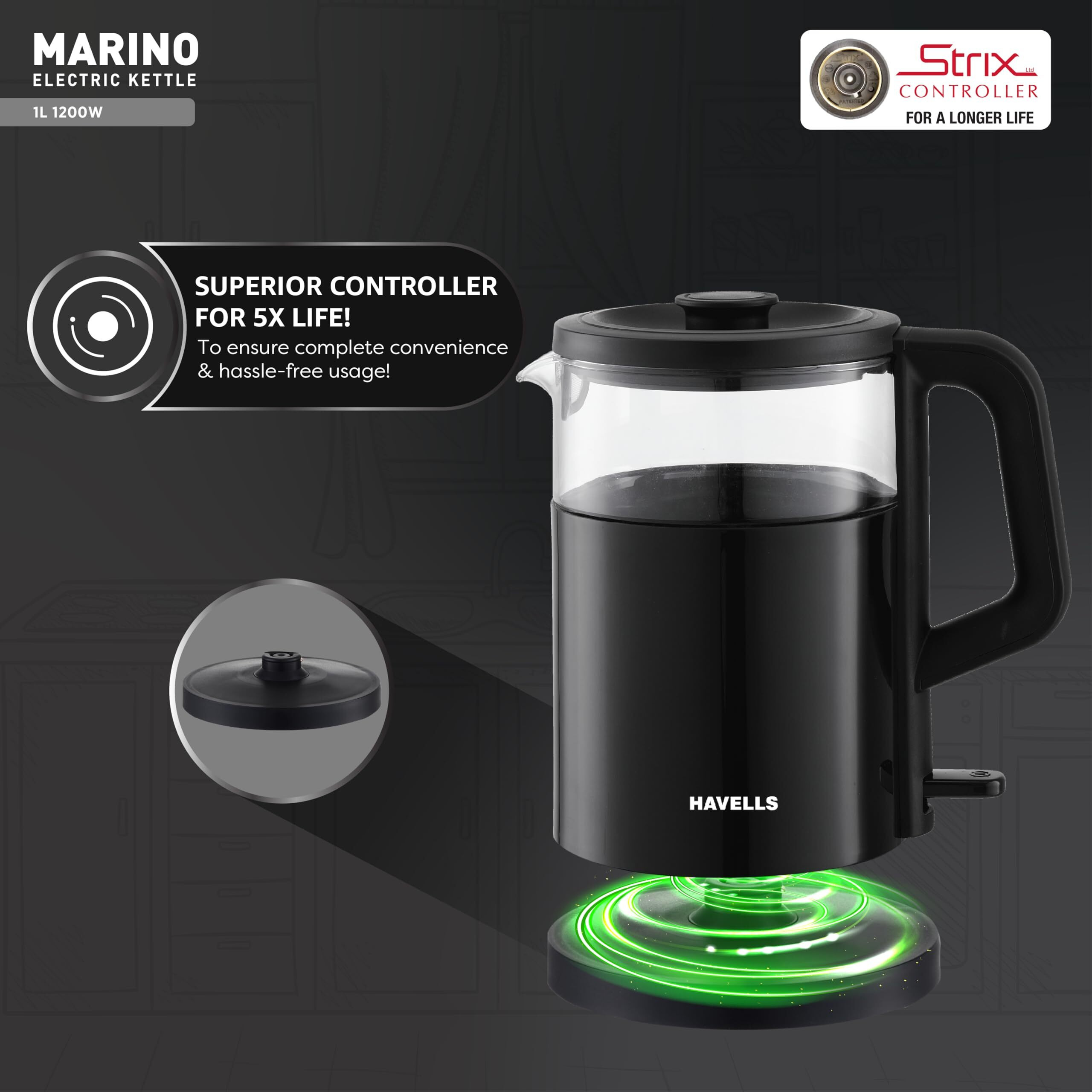 Havells MARINO Low Noise Glass Electric Kettle 1L|1200W Borosilicate Glass inner & Cool Touch Outer Body| Detachable LID|304 Rust Resistant SS Base|2 Yr Manufacturer Warranty (Black)