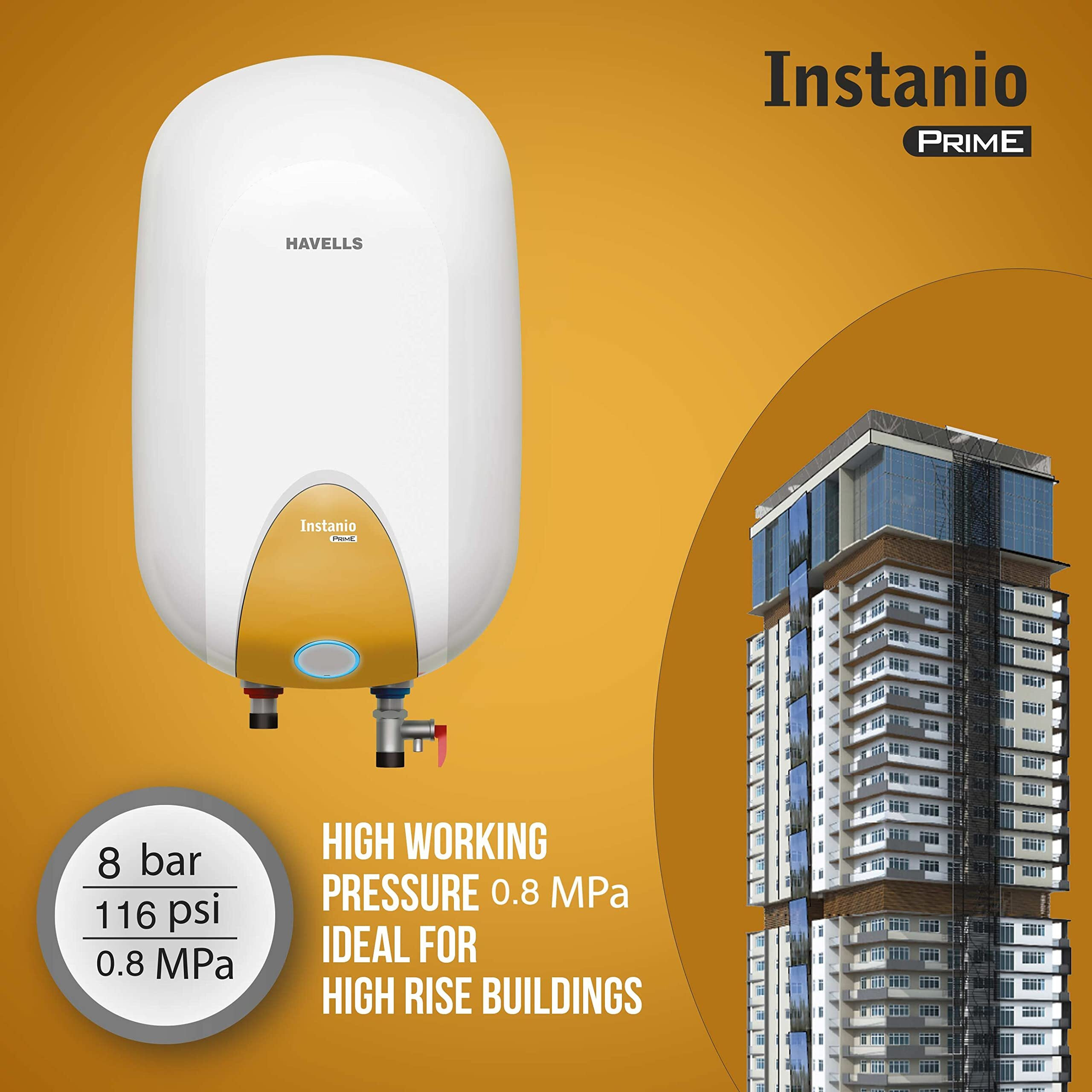 Havells Instanio Prime 15 Litre Storage Water Heater | Glass Coated Tank, Heavy Duty Anode Rod For Rust Protection | Warranty 7 Year on Tank, Free Flexi Pipes, Free Installation | (White Mustard)