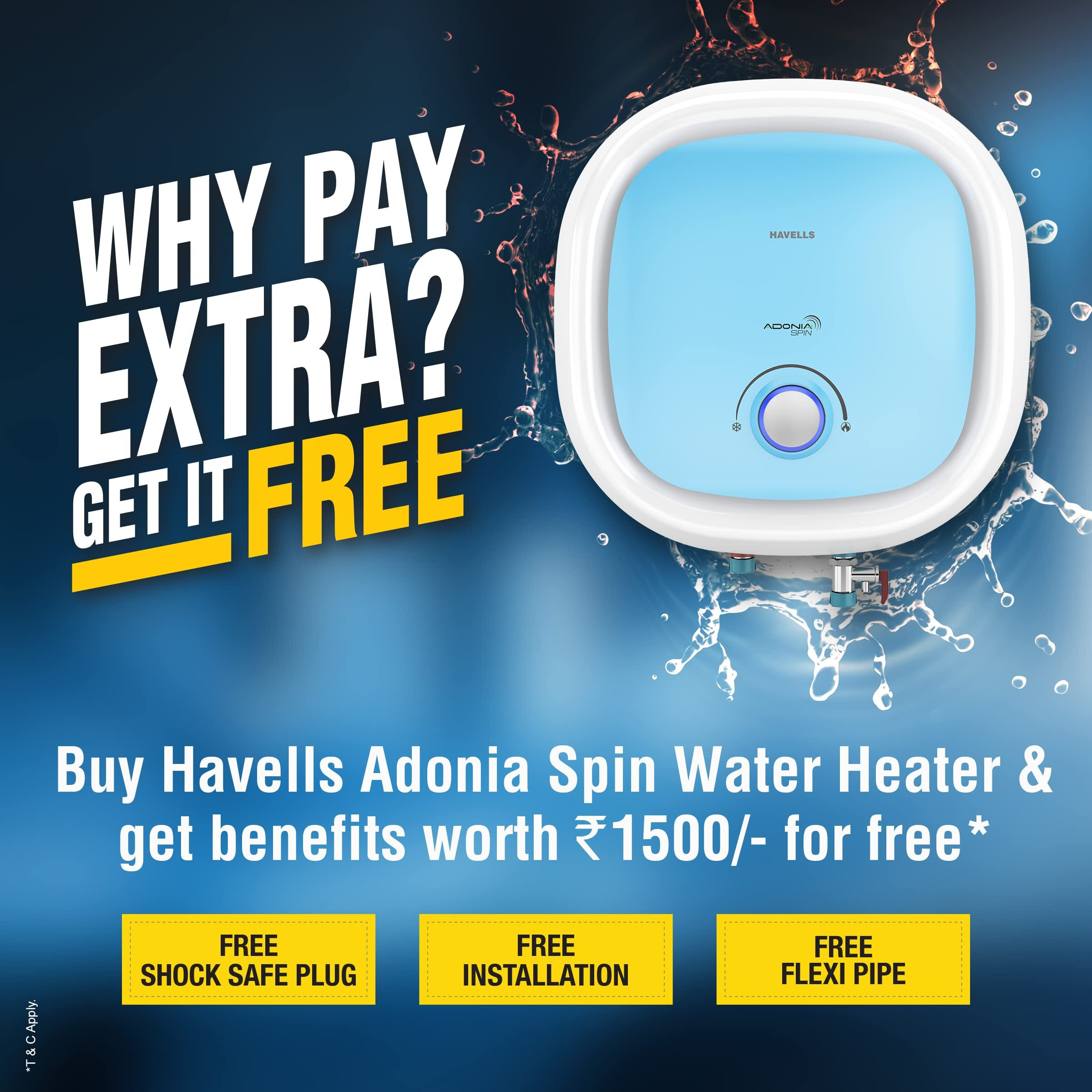 Havells Adonia Spin 15 Litre Storage Water Heater | Color Changing LED Indicator, Glass Coated Tank | Warranty 7 Year on Tank, Free Flexi Pipes, Free Installation, Free Shock Safe Plug | (White Blue)