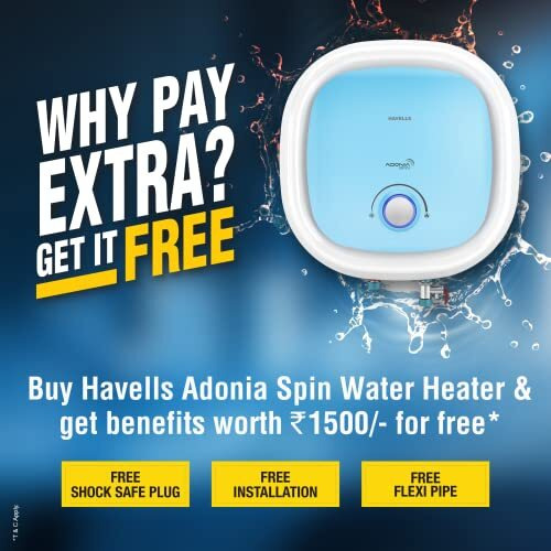 Havells Adonia Spin 25 Litre Storage Water Heater | Color Changing LED Indicator, Glass Coated Tank | Warranty 7 Year on Tank, Free Flexi Pipes, Free Installation, Free Shock Safe Plug | (White Blue)