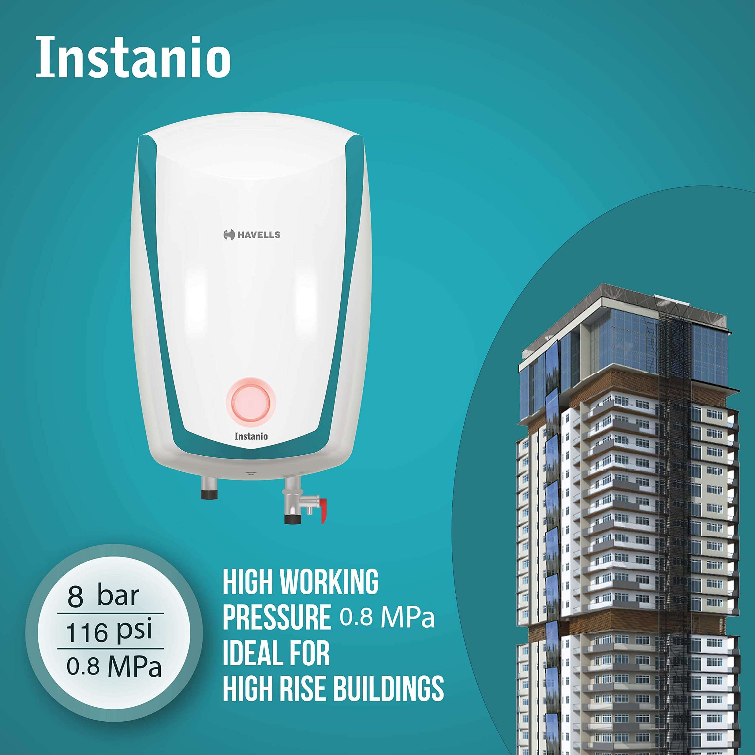 Havells Instanio 10 Litre Storage Water Heater | Color Changing LED Indicator, Glass Coated Tank | Warranty 7 Year on Tank, Free Flexi Pipes, Free Installation | (White Blue)