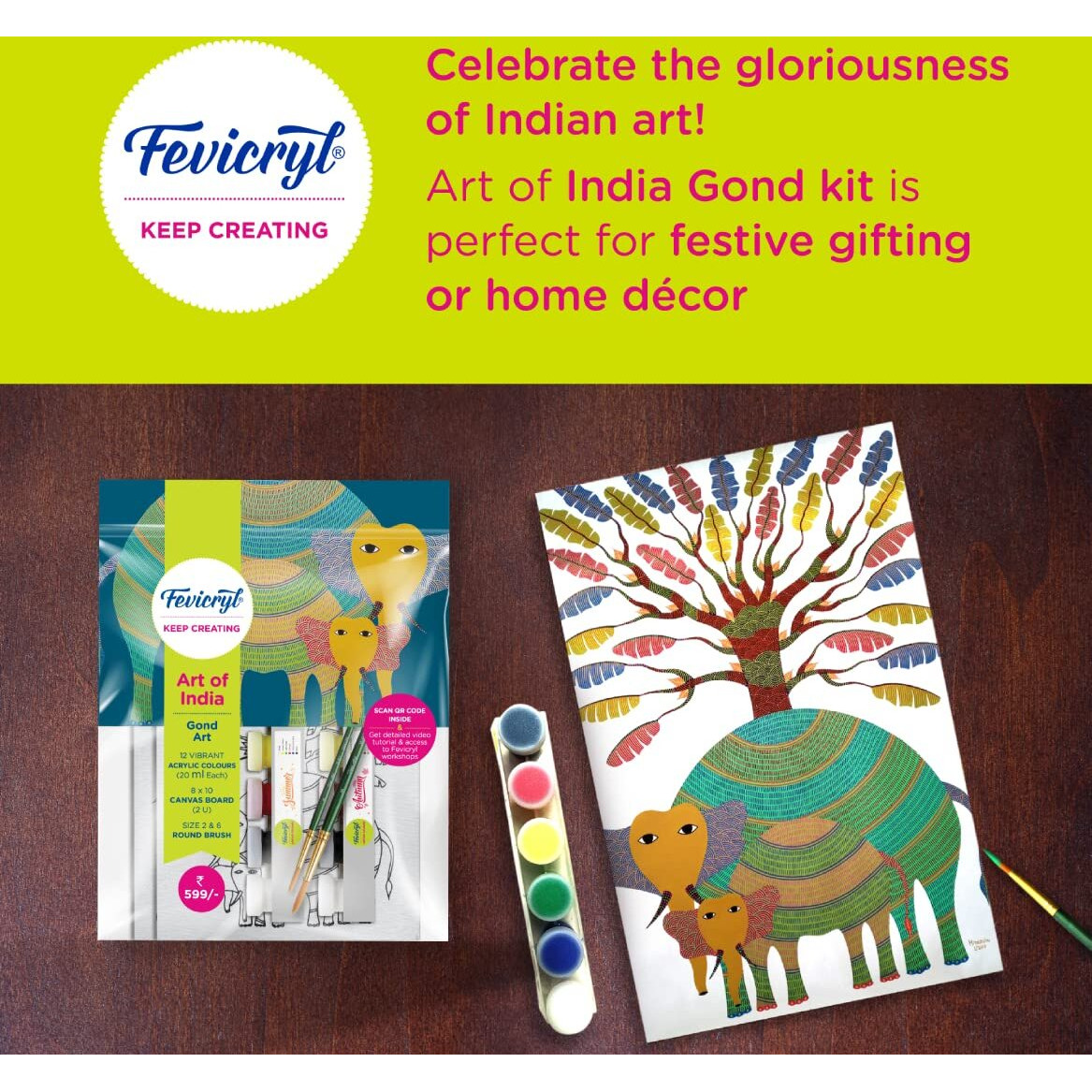 Fevicryl DIY Self Painting Art of India Kit - Gond Art | Acrylic Paints 12 shades x 20ml Each, Set of Round Brushes (2U), Pre-Designed Canvas Board 8x 10 | Art and Craft for Artists, Students, Children | Best Gift for Artists, Boys and Girls above 10 years| DIY Painting Kit with Workshop Included