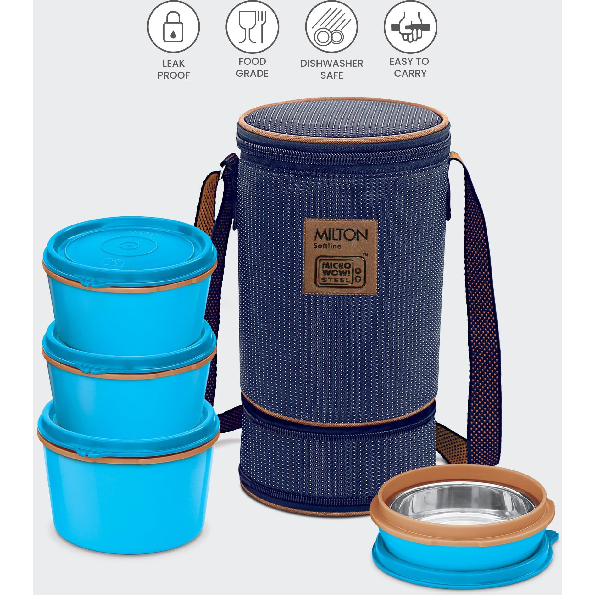 Milton Flexi Insulated Inner Stainless Steel Lunch Box Set, 4-Pieces, Blue