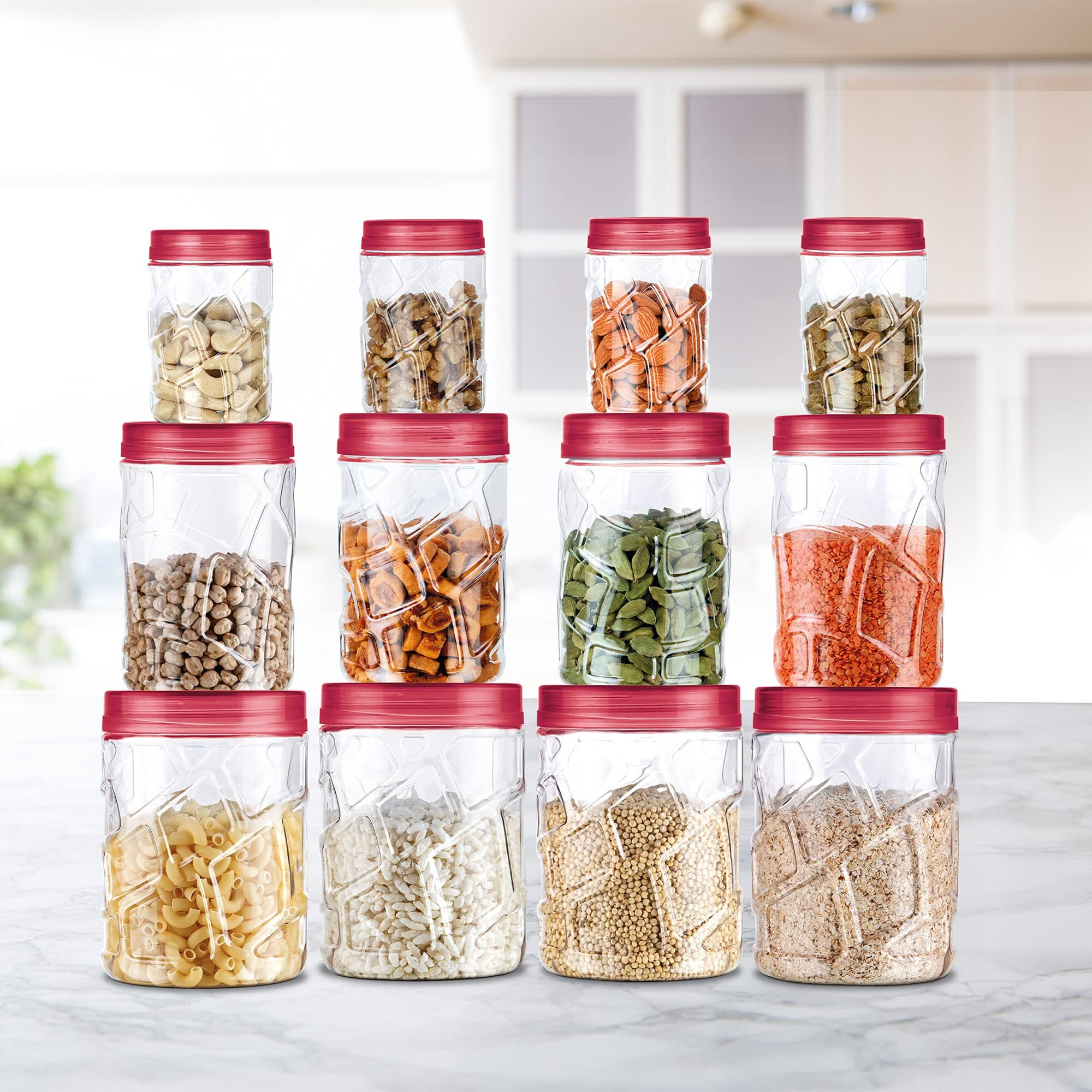 MILTON Vitro Plastic Pet Storage Jar and Container, Set of 12 (4 pcs x 270 ml Each, 4 pcs x 665 ml Each, 4 pcs x 1.24 ltrs Each), Red Wine | Air Tight | Kitchen Organiser | BPA Free