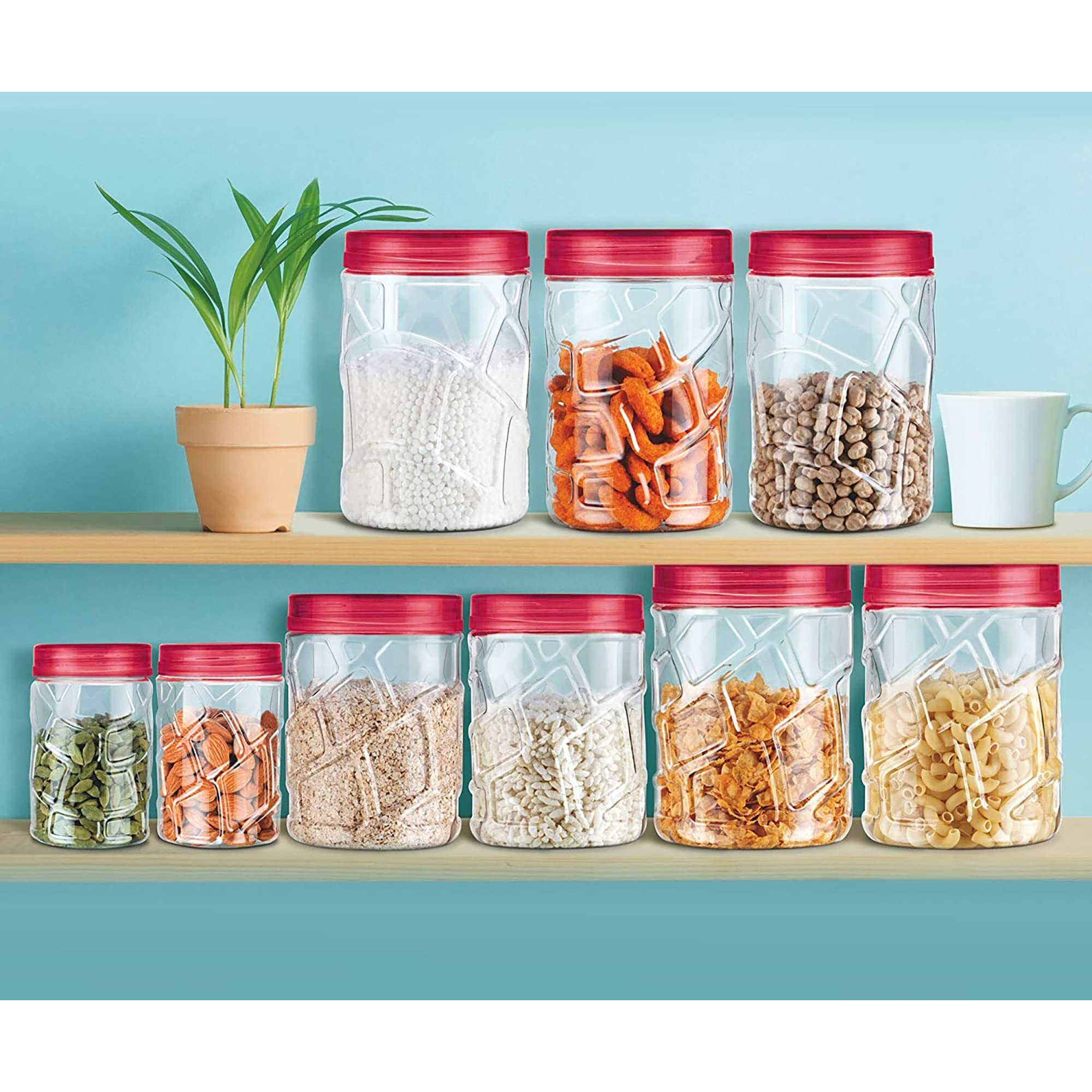 MILTON Vitro Plastic Pet Storage Jar and Container, Set of 12 (4 pcs x 270 ml Each, 4 pcs x 665 ml Each, 4 pcs x 1.24 ltrs Each), Red Wine | Air Tight | Kitchen Organiser | BPA Free