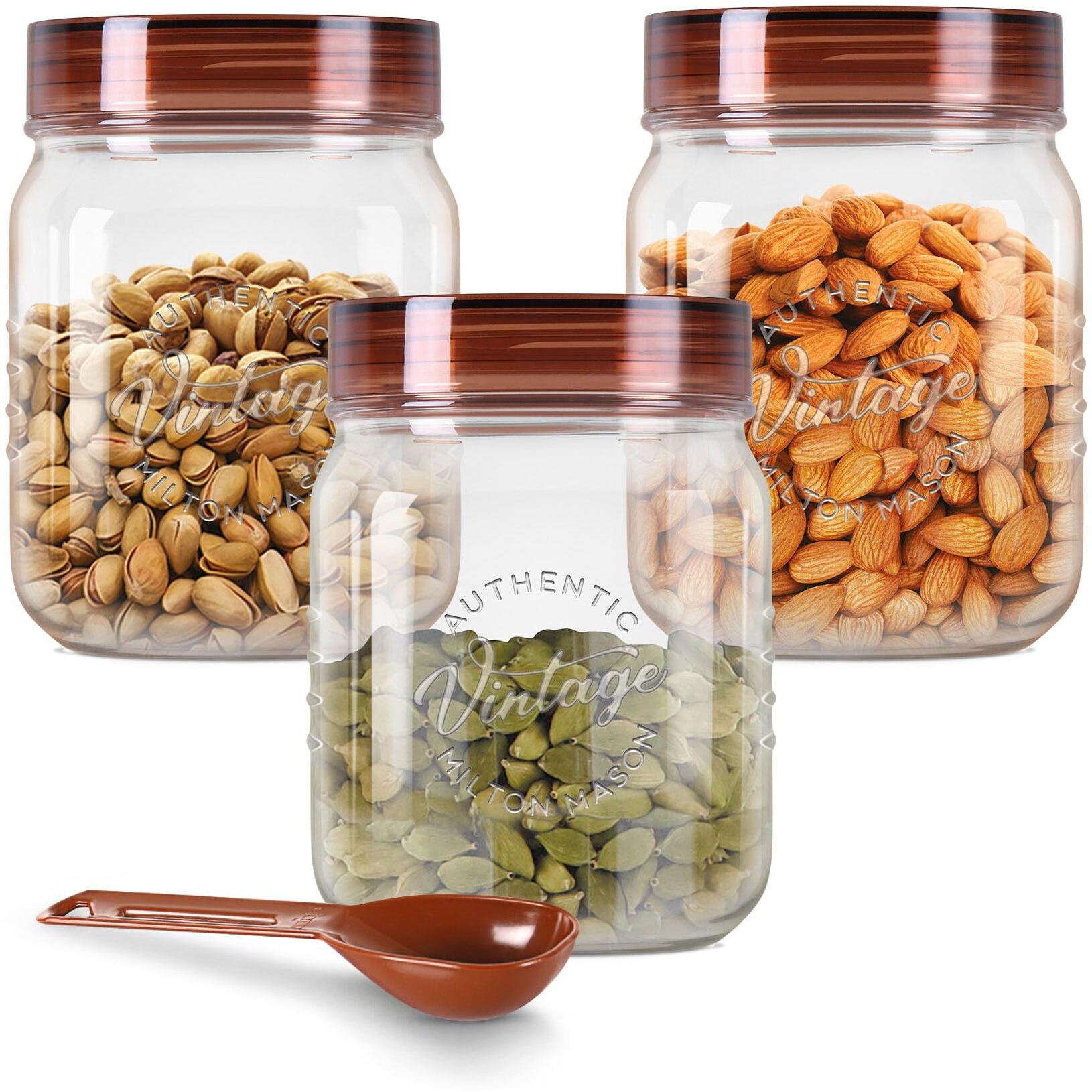 MILTON Plastic Vintage Pet Jar Set Of 3, 500 Ml Each, Transparent | Food Grade | Air Tight | Bpa Free | Food Storage Container, Brown