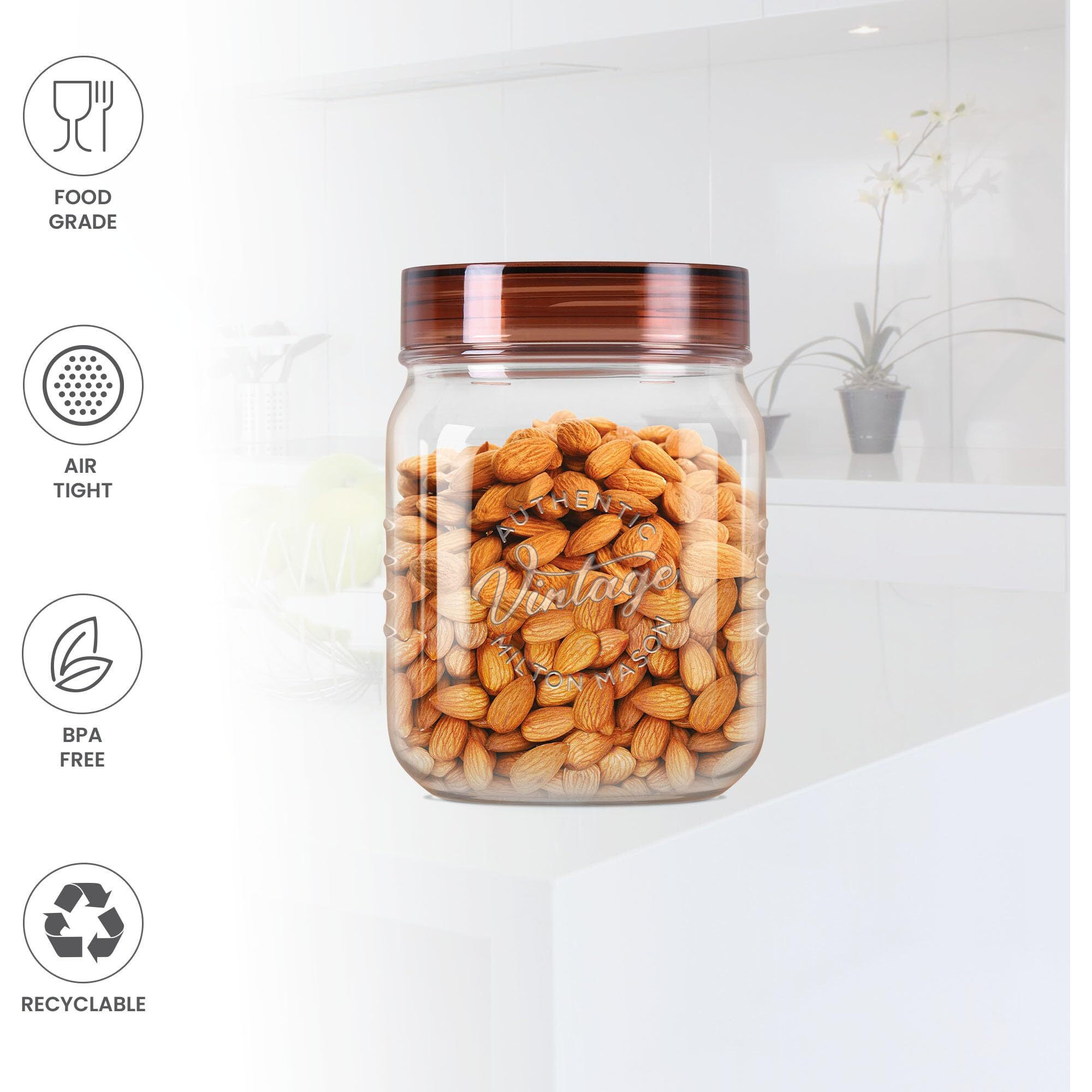 MILTON Plastic Vintage Pet Jar Set Of 3, 500 Ml Each, Transparent | Food Grade | Air Tight | Bpa Free | Food Storage Container, Brown