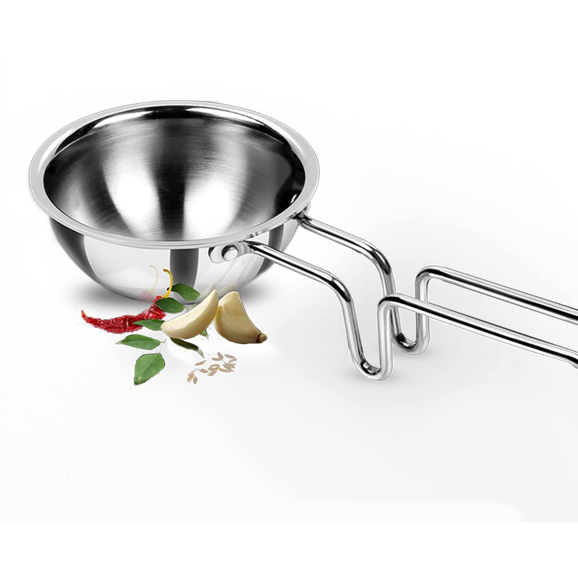 MILTON Pro cook Triply Stainless Steel Tadka Pan, 12 cm, Silver | Vagar Pan | Baghar Pan| Chounk Pan | Flame Safe | Induction Safe | Dishwasher Safe | Stainless Steel Wired Handle