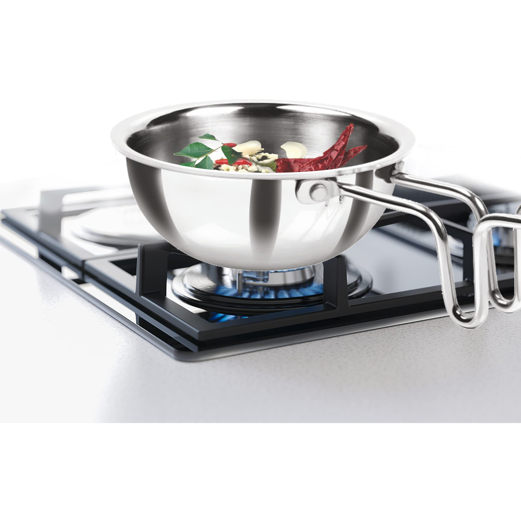 MILTON Pro cook Triply Stainless Steel Tadka Pan, 12 cm, Silver | Vagar Pan | Baghar Pan| Chounk Pan | Flame Safe | Induction Safe | Dishwasher Safe | Stainless Steel Wired Handle