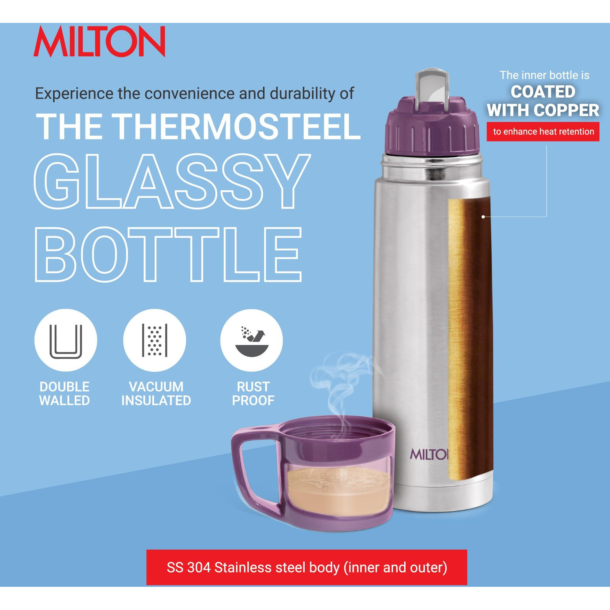 Milton Glassy Flask 1000ml Vaccum Flasks - Purple