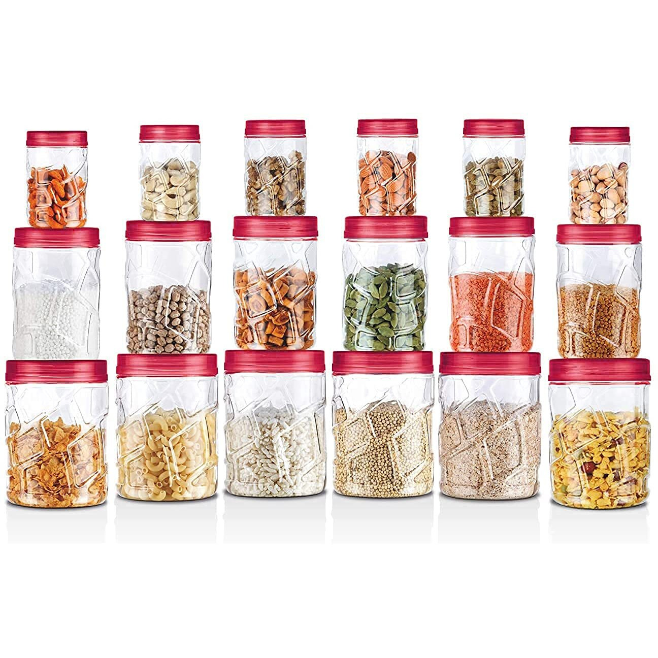 MILTON Vitro Plastic Pet Storage Jar and Container, Set of 18 (6 pcs x 230 ml Each, 6 pcs x 600 ml Each, 6 pcs x 1.18 ltrs Each), Red Wine | Air Tight | Kitchen Organiser | BPA Free