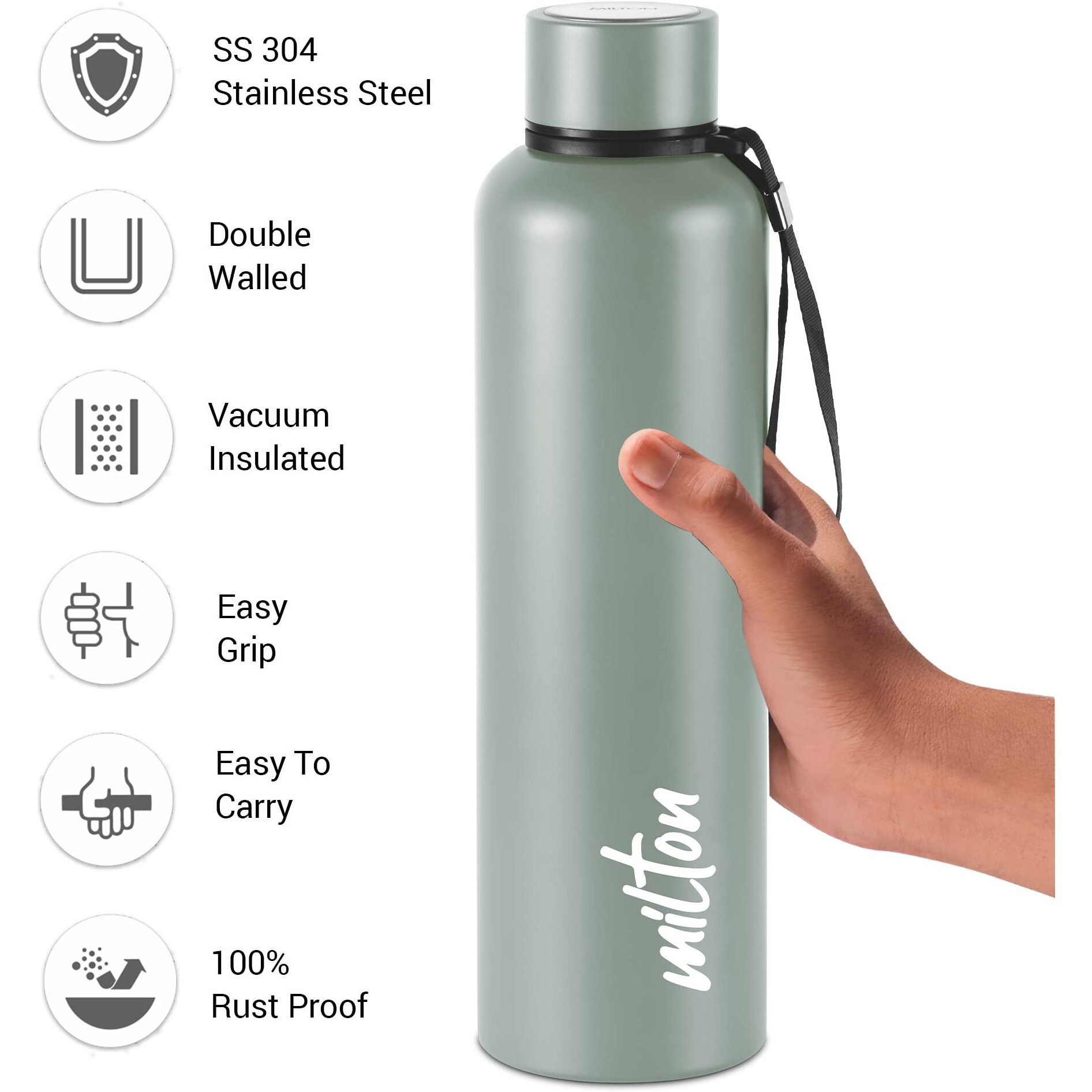 Milton Aura 1000 Thermosteel Bottle, 1.05 litre, Grey | 24 Hours Hot and Cold | Easy to Carry | Rust & Leak Proof | Tea | Coffee | Office| Gym | Home | Kitchen | Hiking | Trekking | Travel Bottle