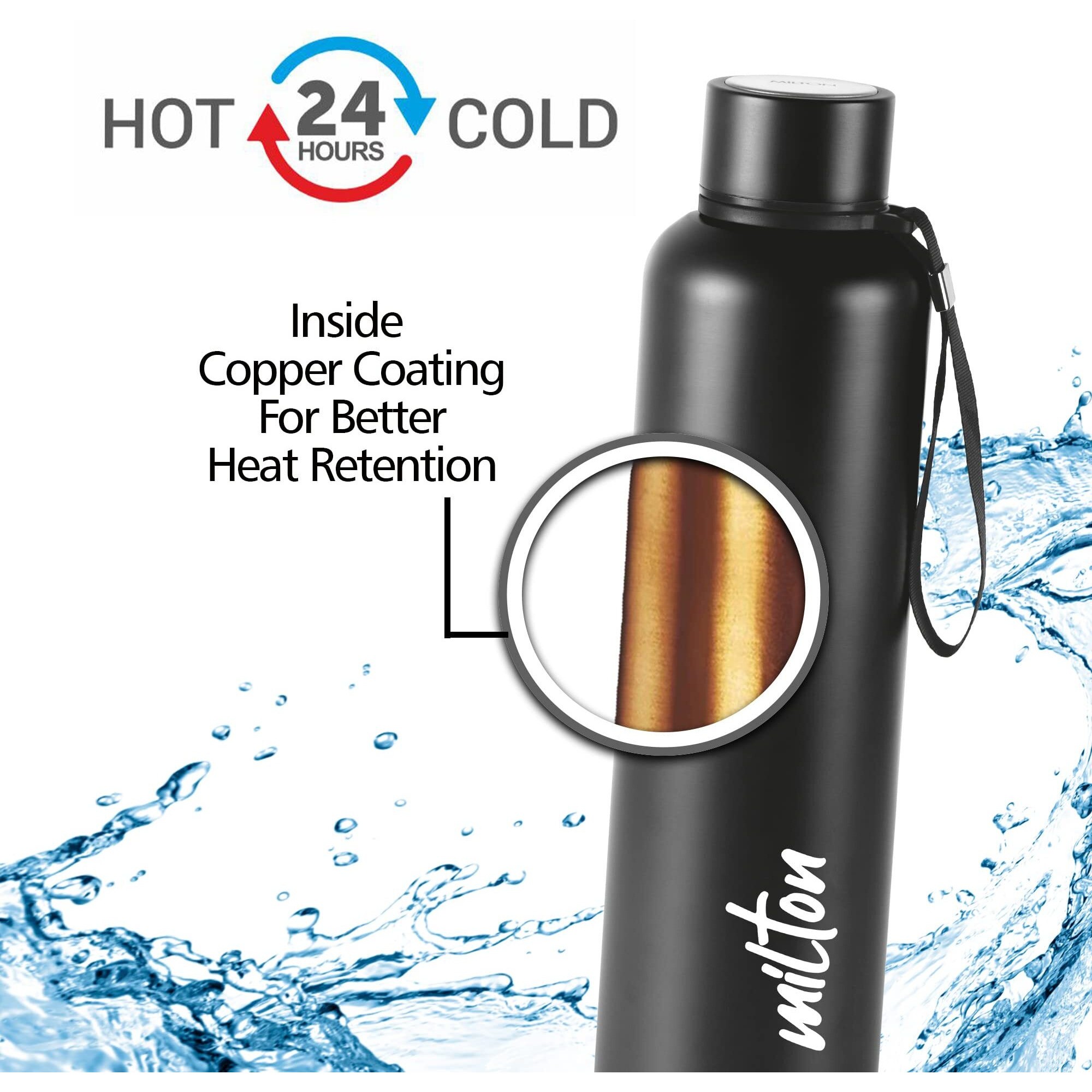 Milton Aura 1000 Thermosteel Bottle, 1.05 litre, Black | 24 Hours Hot and Cold | Easy to Carry | Rust & Leak Proof | Tea | Coffee | Office| Gym | Home | Kitchen | Hiking | Trekking | Travel Bottle