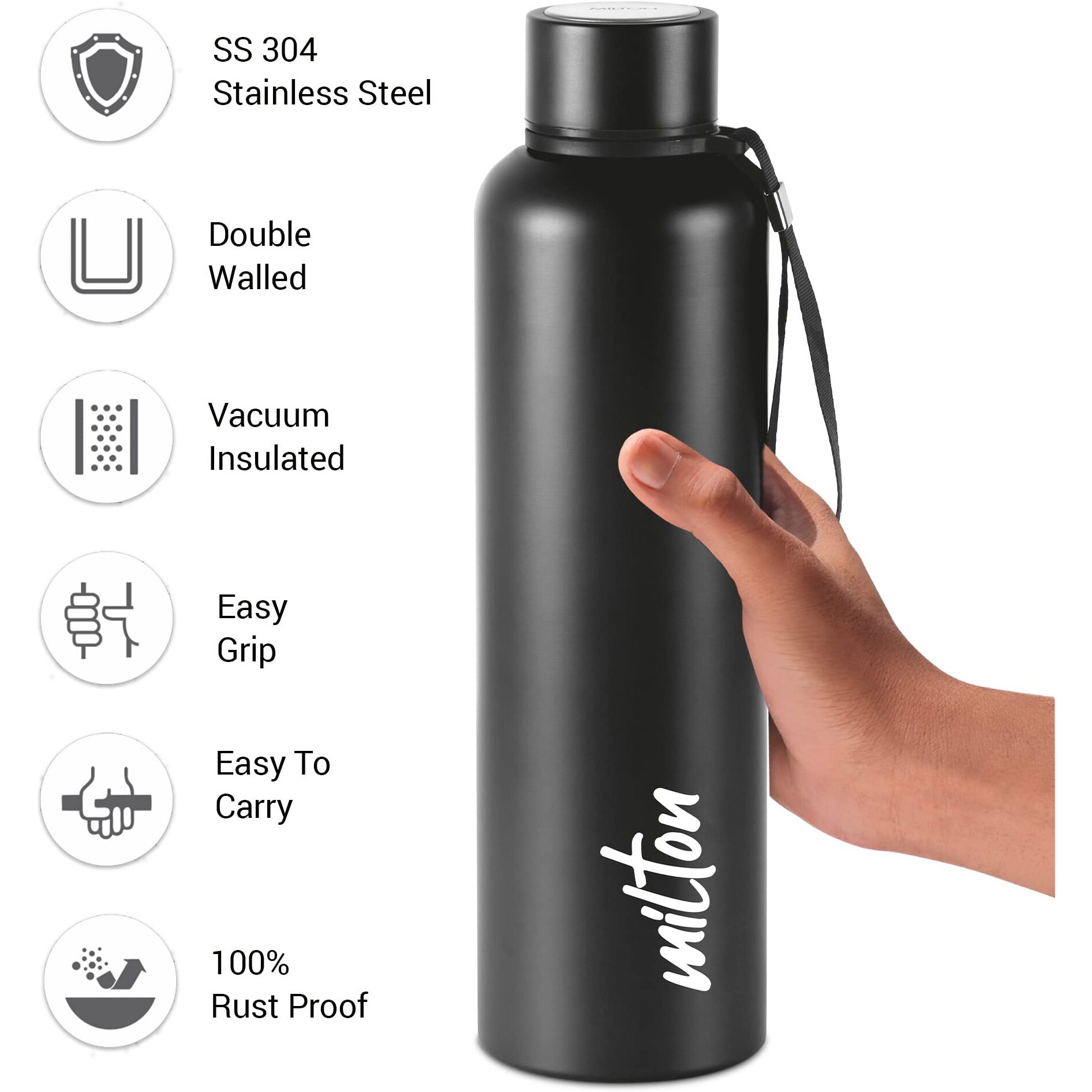 Milton Aura 1000 Thermosteel Bottle, 1.05 litre, Black | 24 Hours Hot and Cold | Easy to Carry | Rust & Leak Proof | Tea | Coffee | Office| Gym | Home | Kitchen | Hiking | Trekking | Travel Bottle