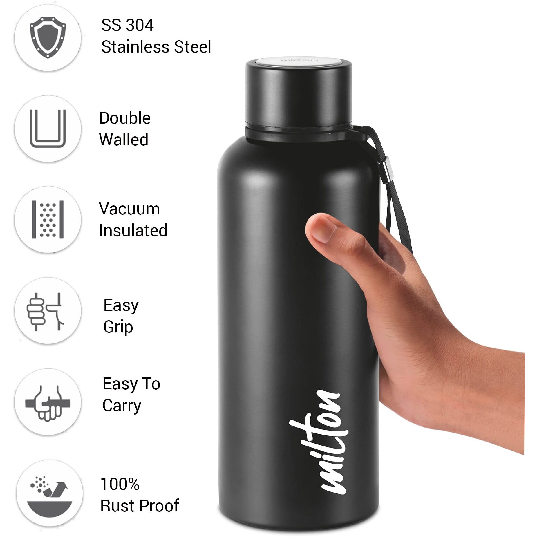 Milton Aura 750 Thermosteel Bottle, 750 ml, Black | 24 Hours Hot and Cold | Easy to Carry | Rust Proof | Leak Proof | Tea | Coffee | Office| Gym | Home | Kitchen | Hiking | Trekking | Travel Bottle