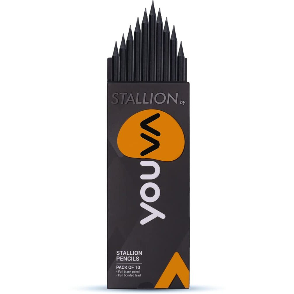 Navneet Youva YOUVA Stallion Pencil With Eraser Tip For Students And Professionals | Dark Black Writing Pencil | Pack Of 10