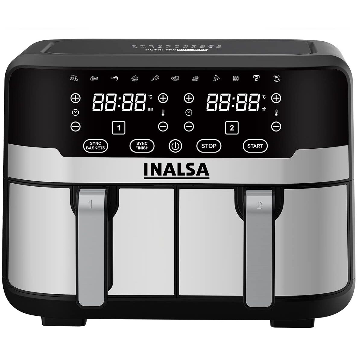 INALSA Air Fryer Nutri Fry Dual Zone-2100 W 10L with Sync Basket & Finish Features 11 Versatile Programs Touch Control & Digital Display Variable Temperature Control 2 Year Warranty Black/Silver