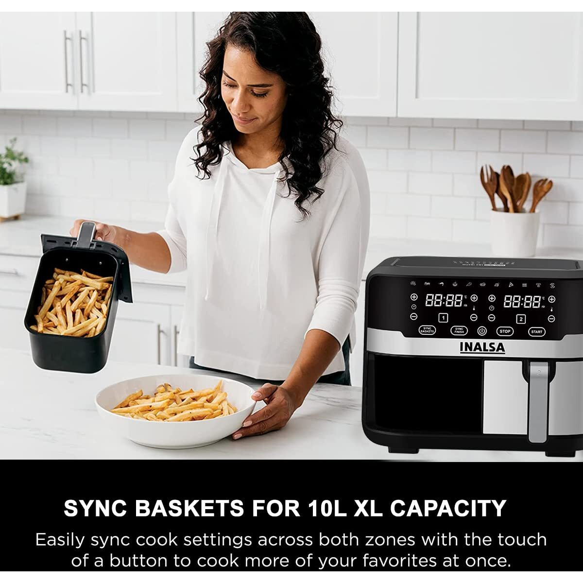 INALSA Air Fryer Nutri Fry Dual Zone-2100 W 10L with Sync Basket & Finish Features 11 Versatile Programs Touch Control & Digital Display Variable Temperature Control 2 Year Warranty Black/Silver