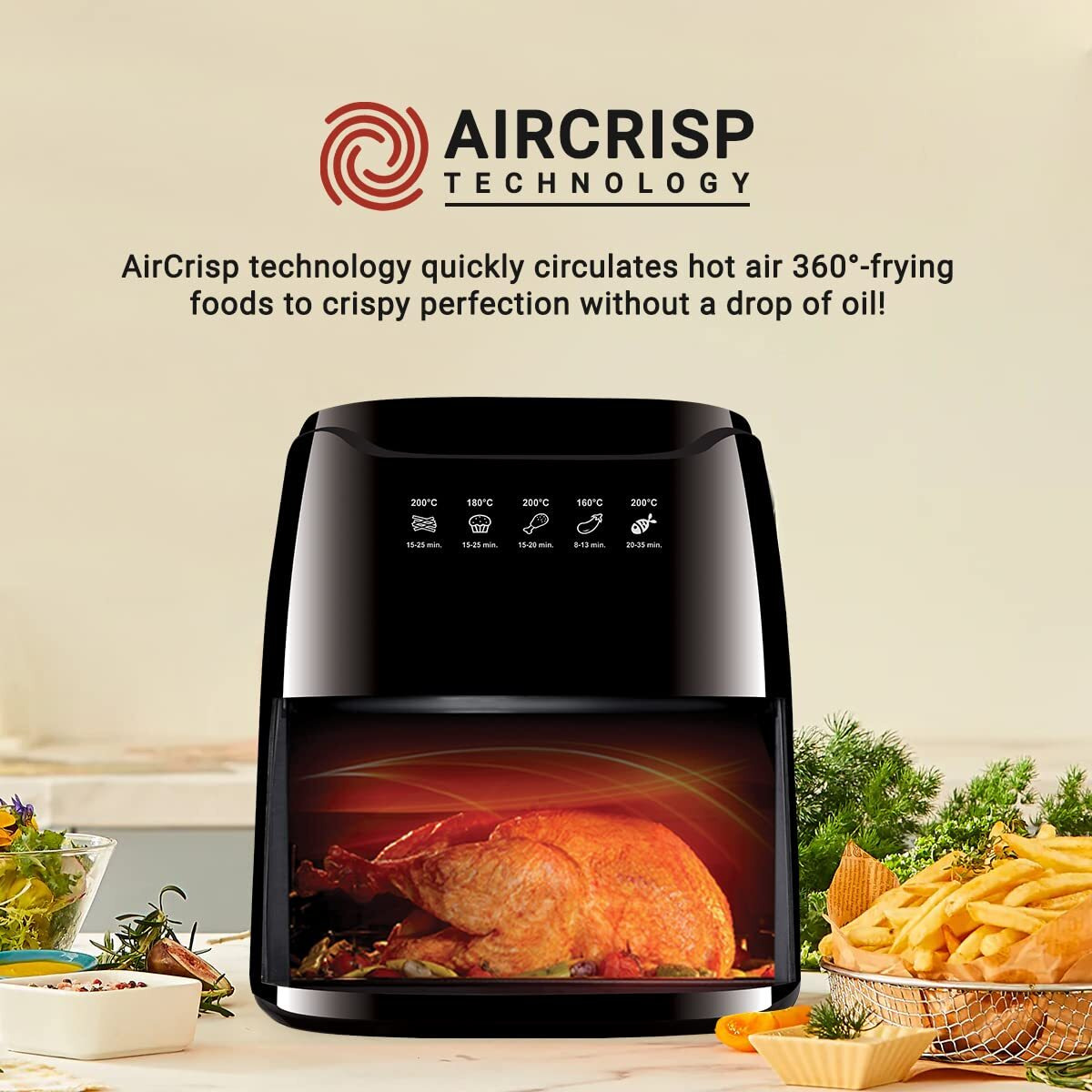 INALSA Air Fryer Digital Tasty Fry-1400W 4.2L,Smart Aircrisp Technology| 8-Preset, Touch Control & Digital Display| Variable Temp& Timer Control,(Black), 4.2 Liter