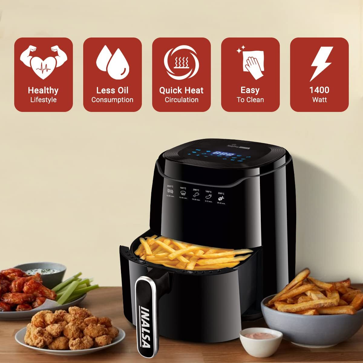 INALSA Air Fryer Digital Tasty Fry-1400W 4.2L,Smart Aircrisp Technology| 8-Preset, Touch Control & Digital Display| Variable Temp& Timer Control,(Black), 4.2 Liter