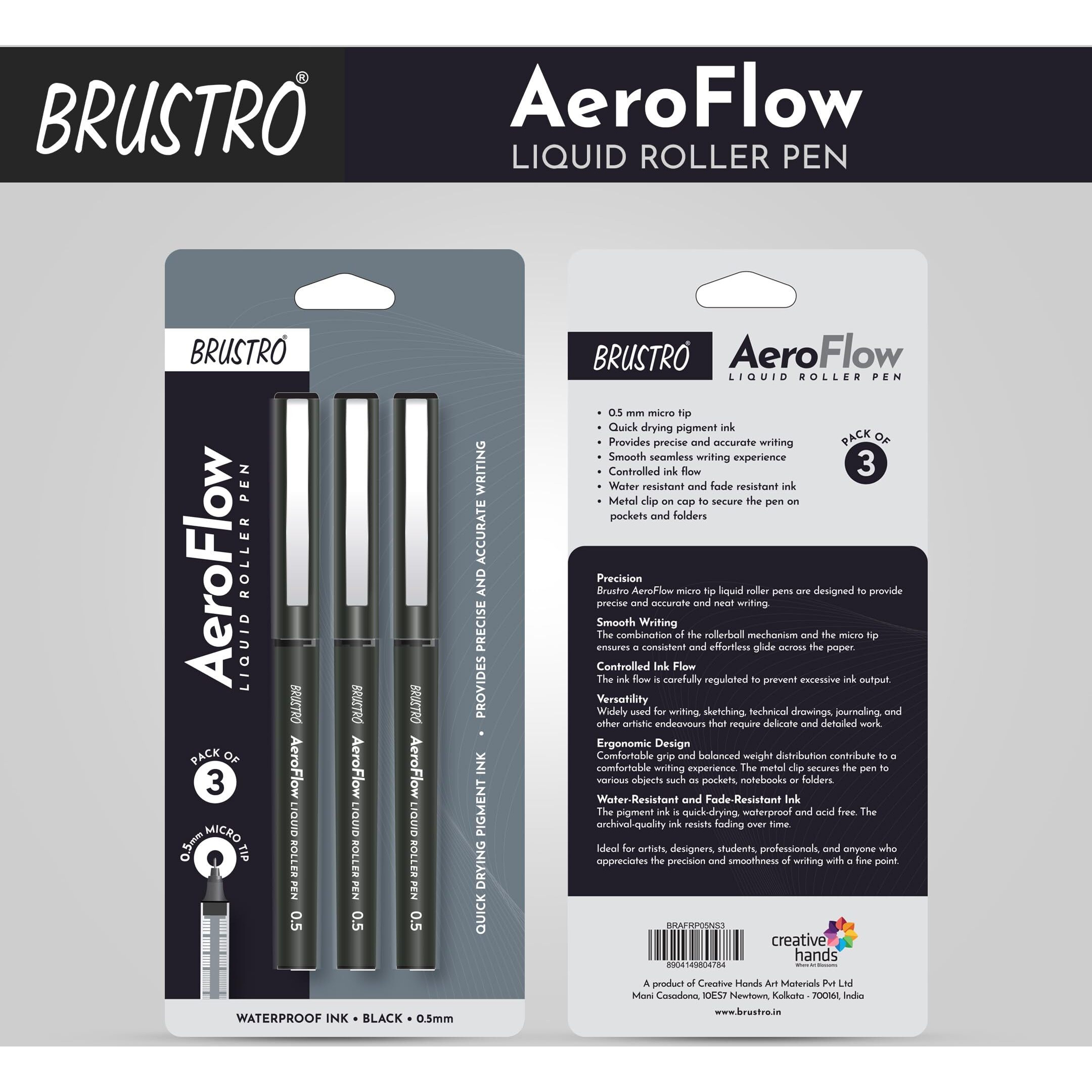 BRUSTRO AeroFlow Liquid Ink Rollerball Pens | Black | Ideal for Students, Professionals, Office, Exam use, Accurate Smooth Writing, Waterproof, Fade Resistant | 0.5mm, Micro Tip | Pack of 3